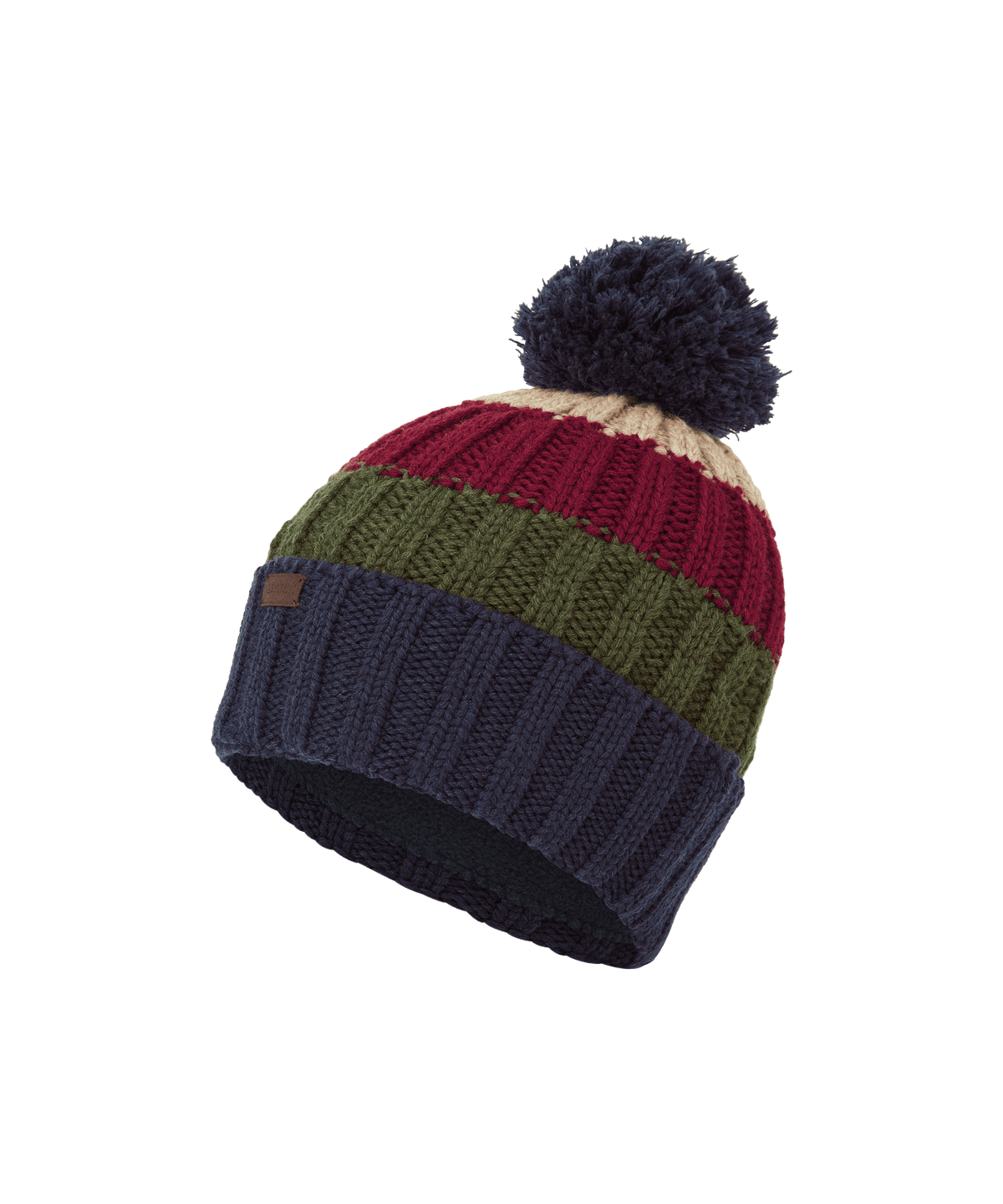 Millford bobble hat knitted beanie with navy, dark khaki green, maroon
