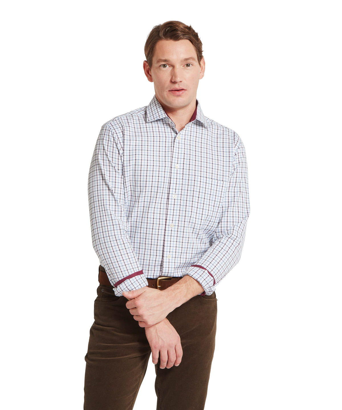 Model wearing the Schöffel Milton Tailored Shirt in Blue, collar