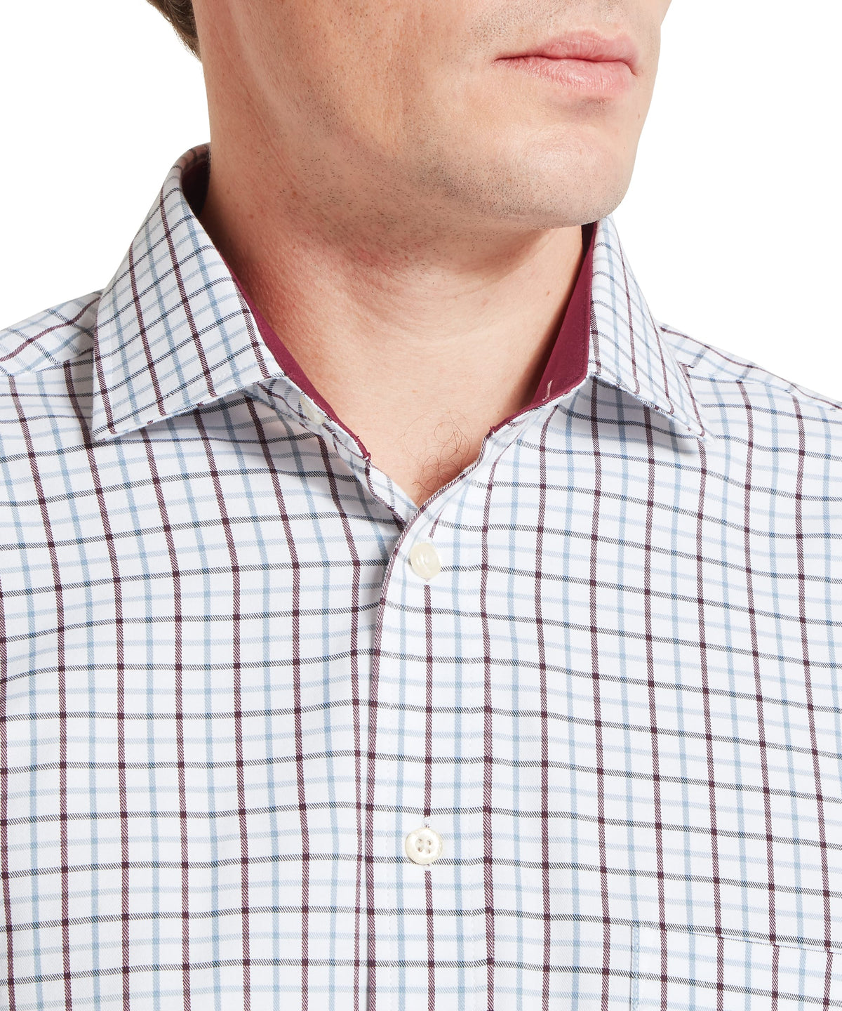 Milton tailored shirt with crisp white light blue and burgundy checkered pattern in men’s dress