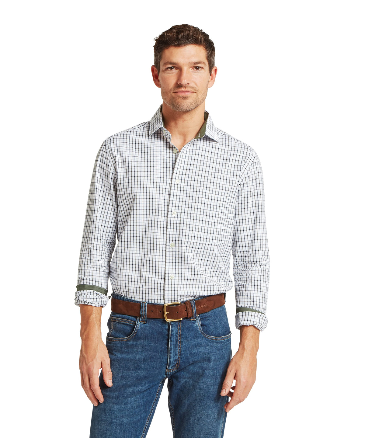 Milton tailored shirt in blueberry and dark khaki green with white navy checkered pattern and olive