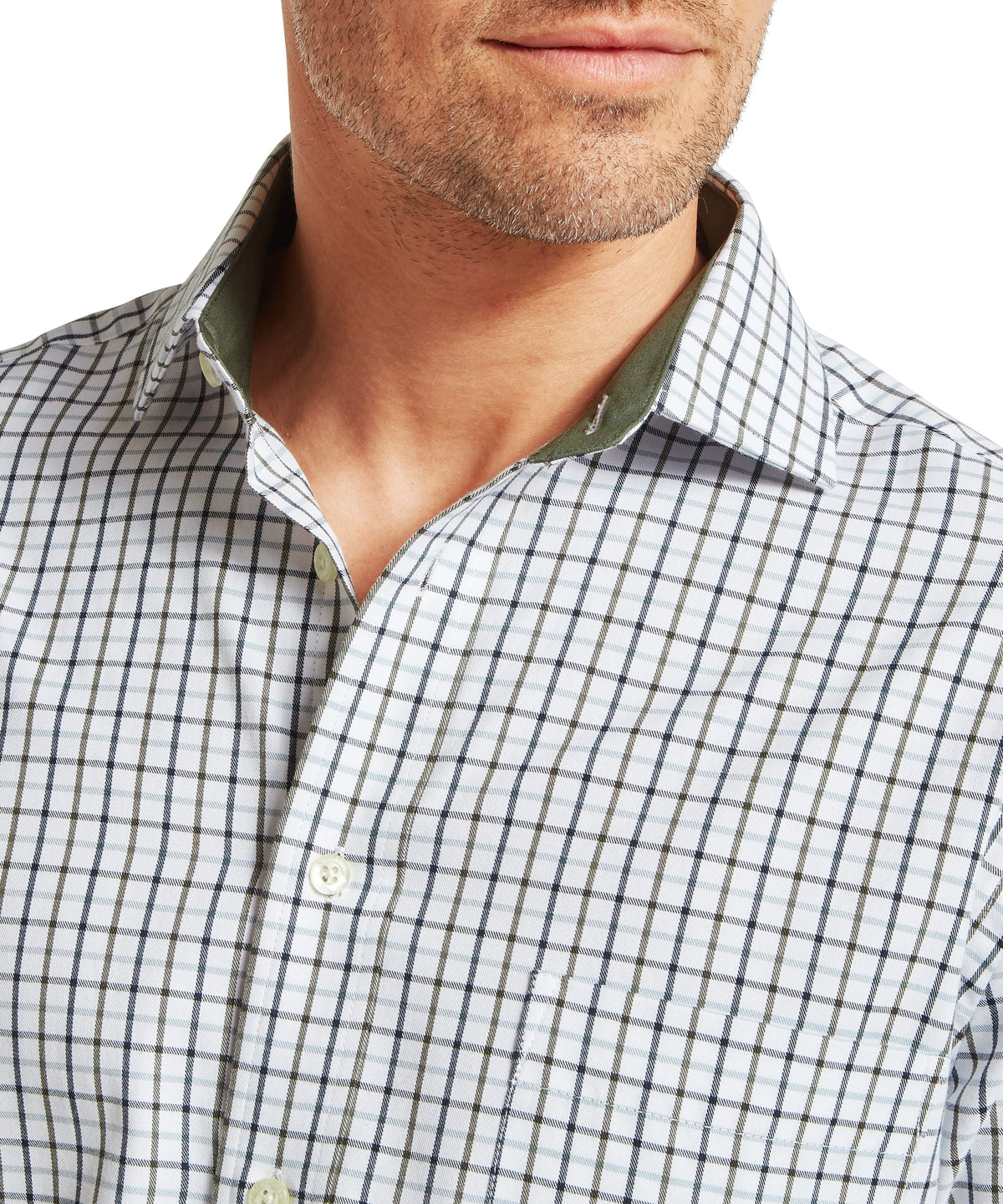 Model wearing the Schöffel Milton Tailored Shirt in Blue, olive inner collar lining