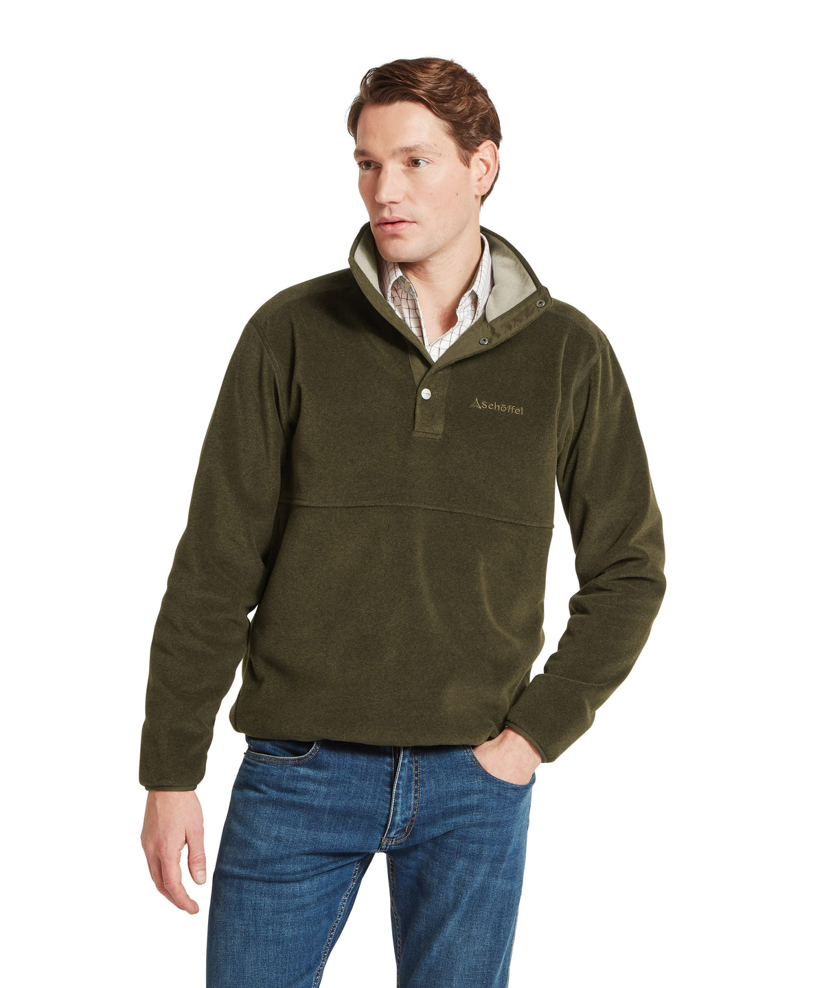 Olive green Norton fleece pullover with half-zip collar and subtle brand embroidery made of soft