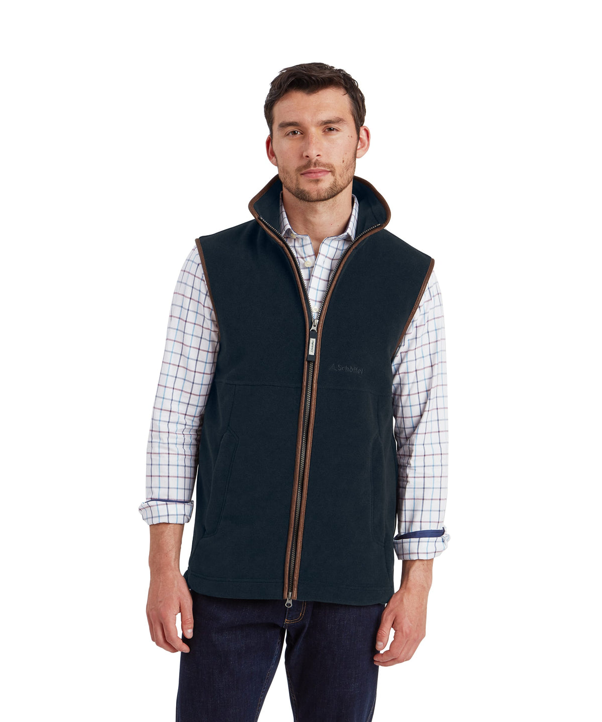 Oakham fleece gilet petrol blue navy blue fleece vest with brown zipper and trim for casual outdoor