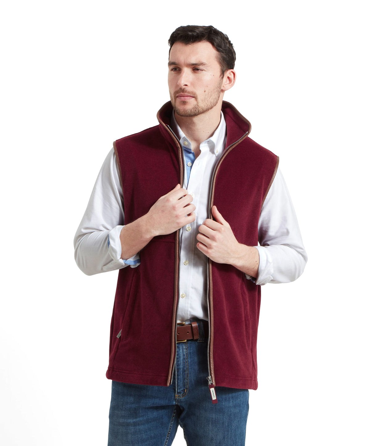 Schöffel's Oakham Fleece Gilet in Red, on model, ribbed collar for warmth