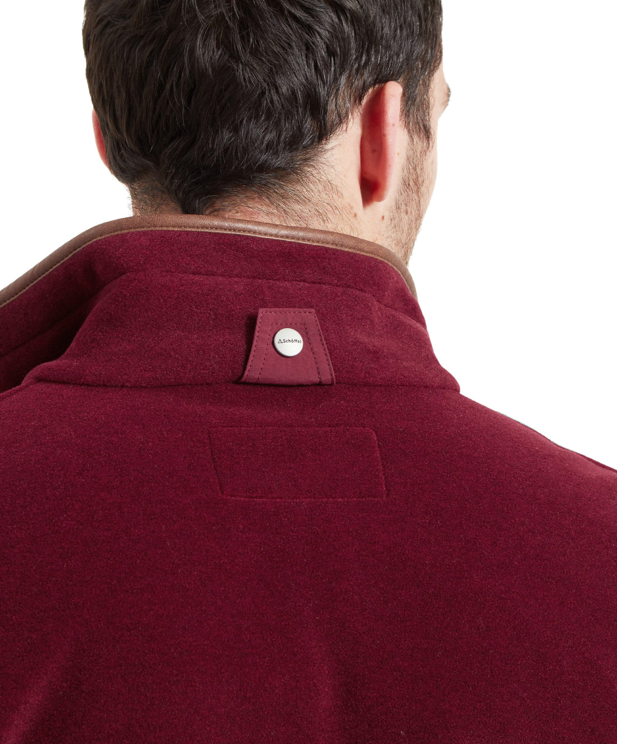 Oakham fleece gilet claret showing the back with maroon wool, brown leather collar