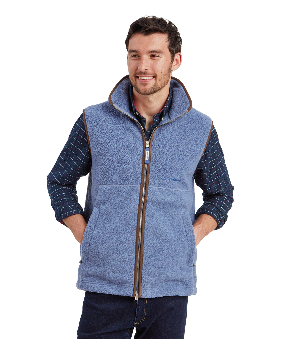 Blue fleece vest with brown zipper and trim featuring hood and front pockets oakham retro fleece