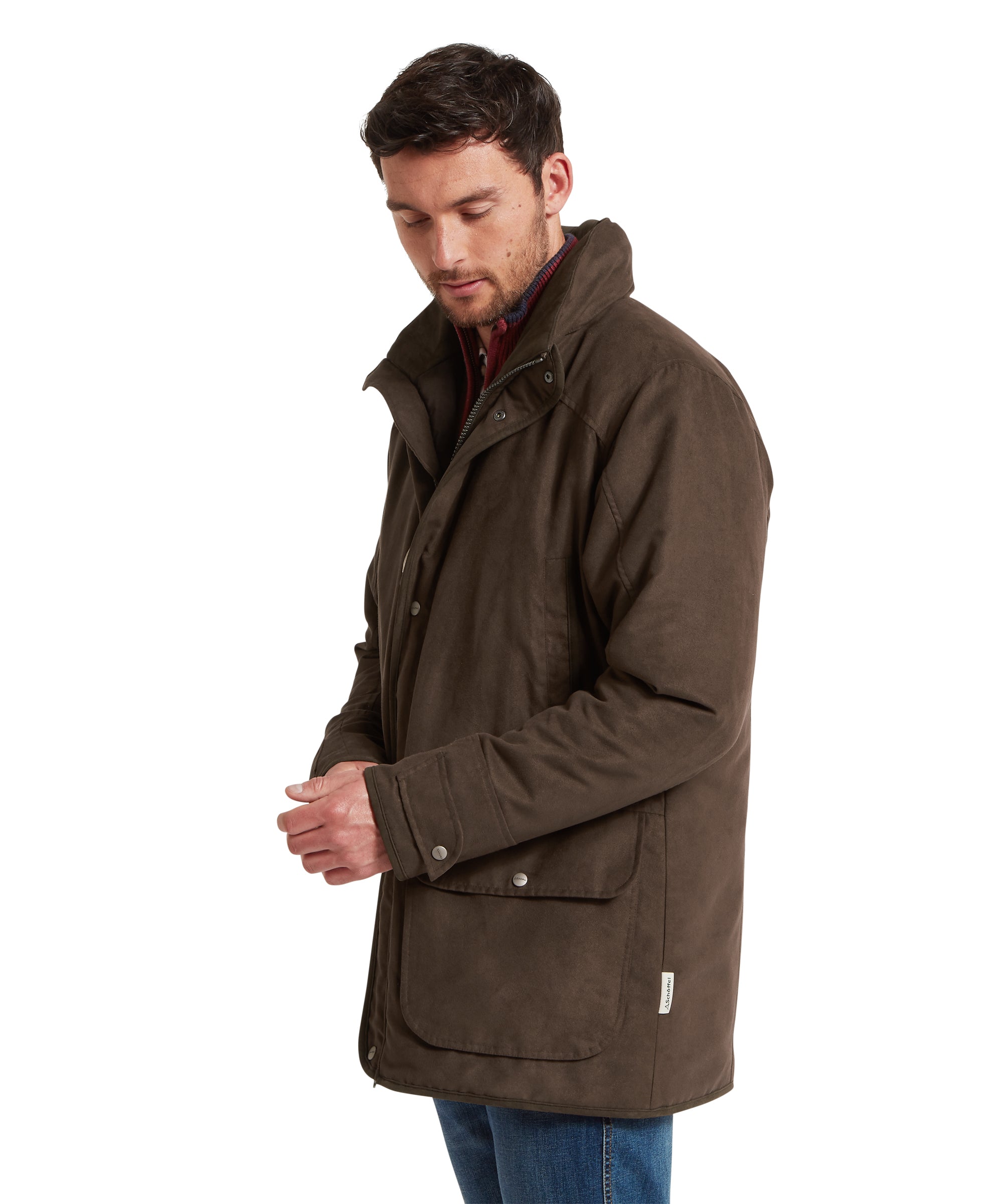 Man wearing a brown coat on a white background