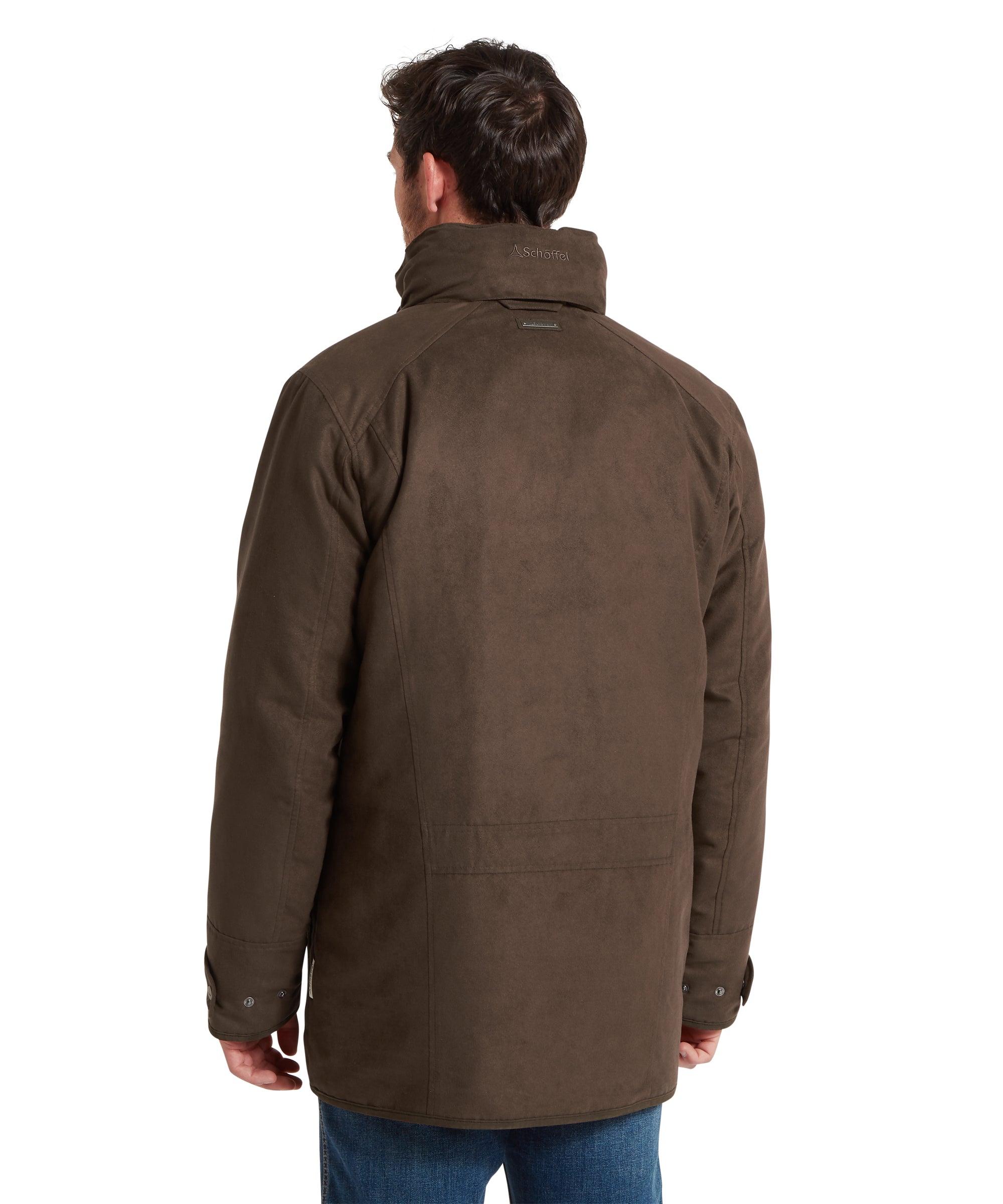 Man wearing a brown coat on a white background