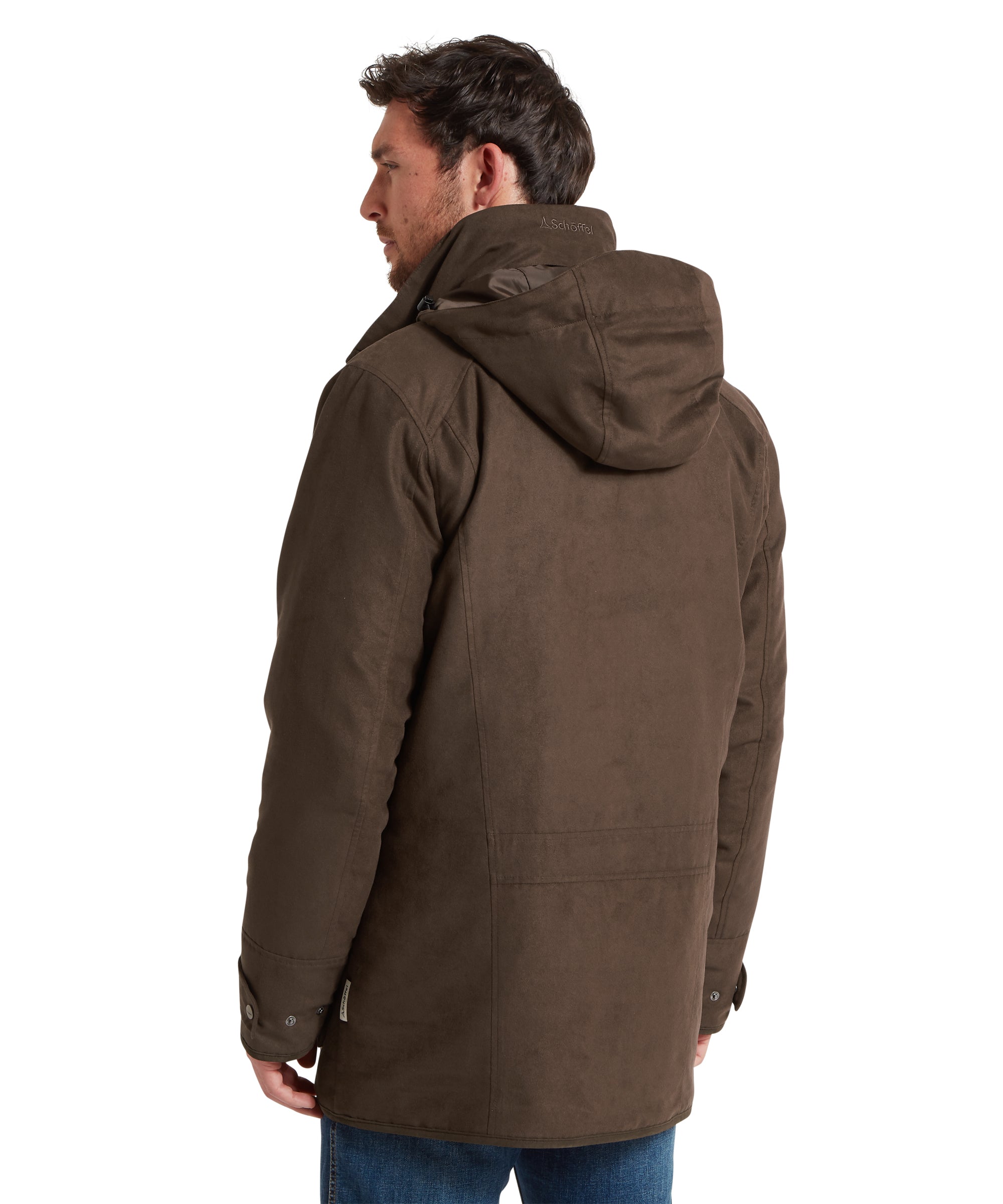 Man wearing a brown hooded coat on a white background