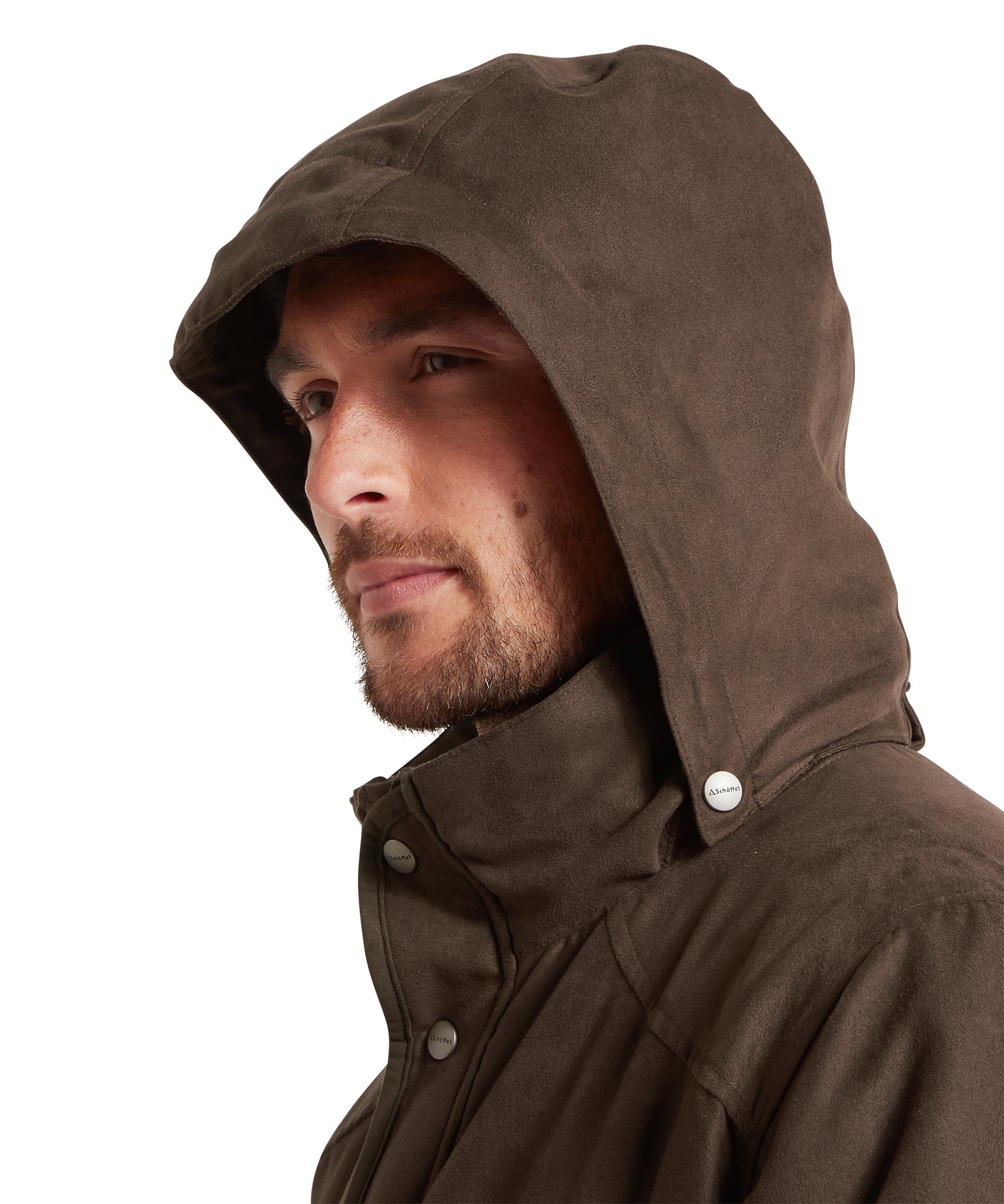 Man wearing a brown hooded jacket on a white background