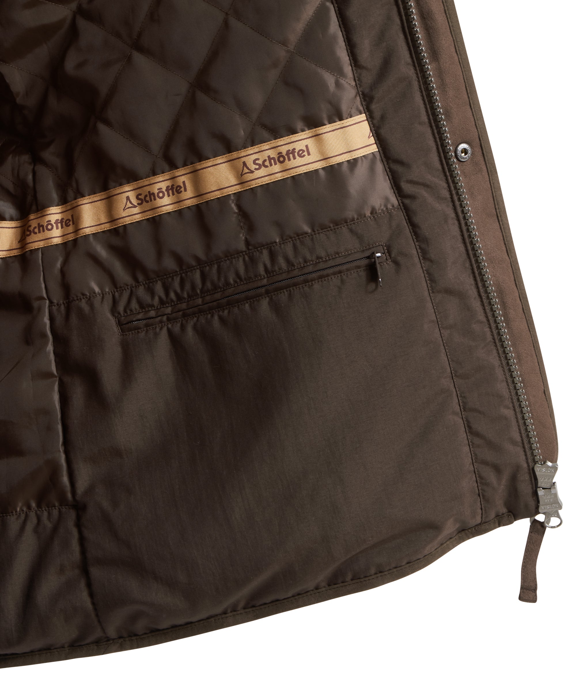 Brown jacket with Schöffel branding on a white background