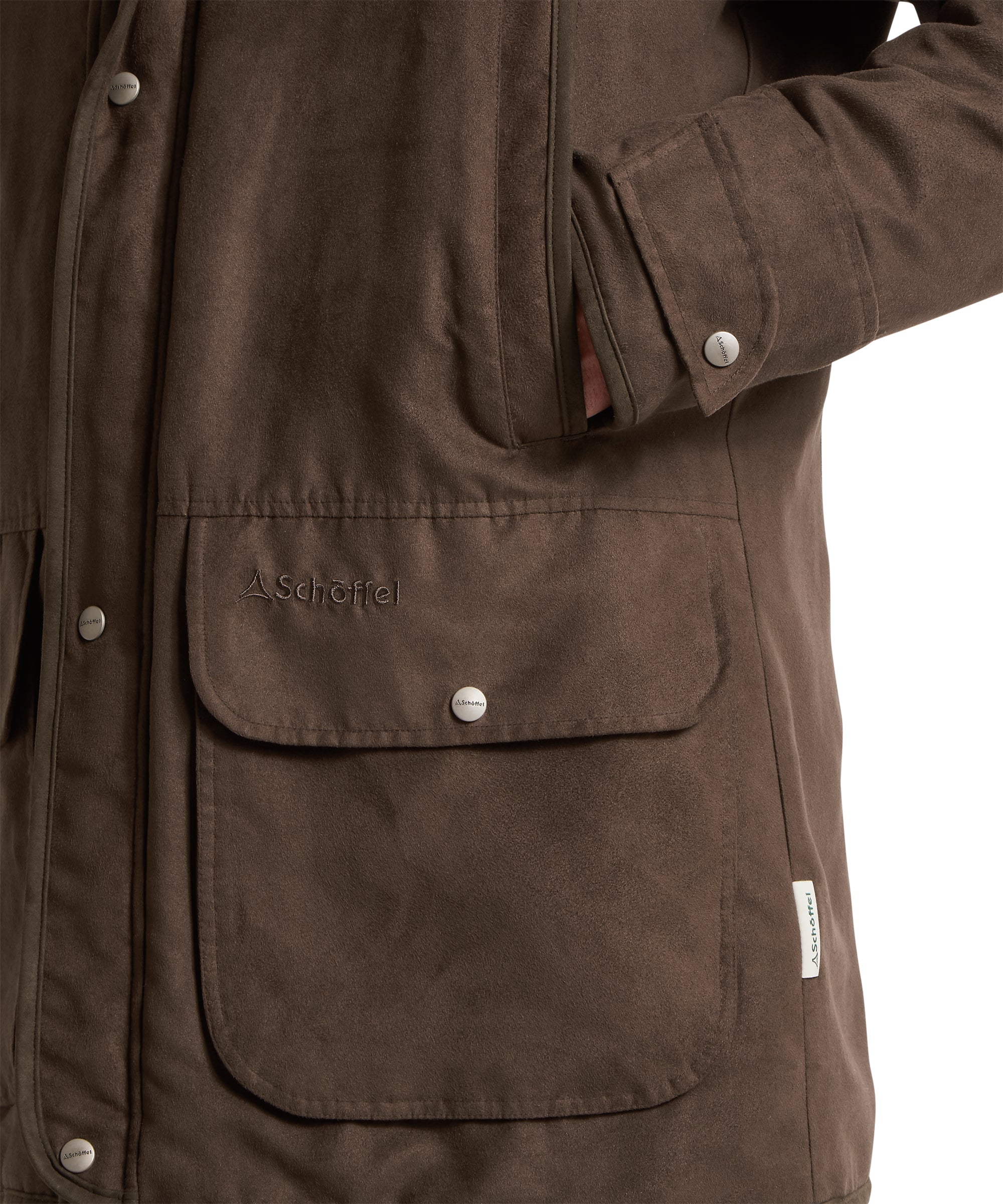 Brown jacket with a visible brand logo on a white background