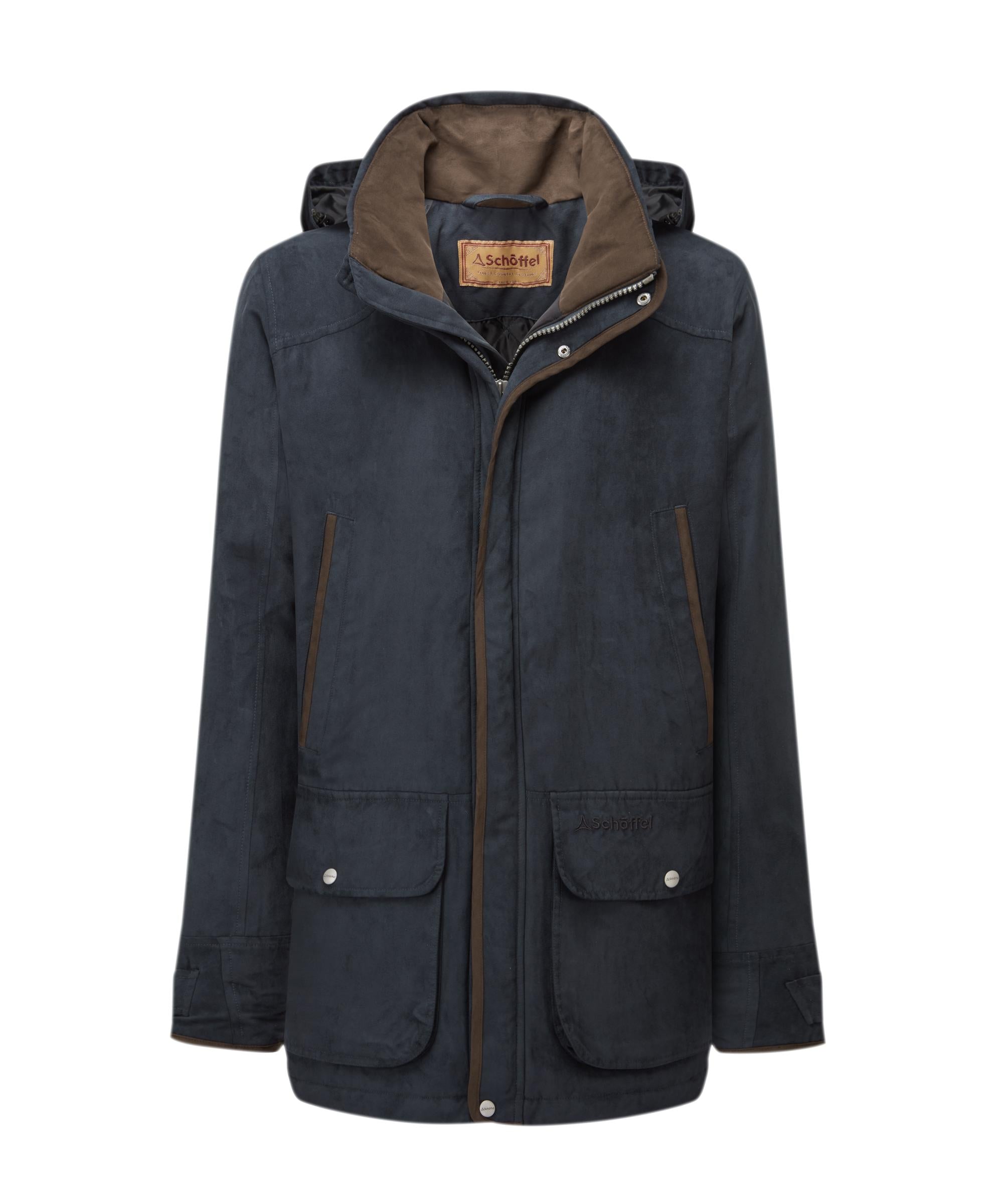 Navy blue jacket with brown accents on a white background