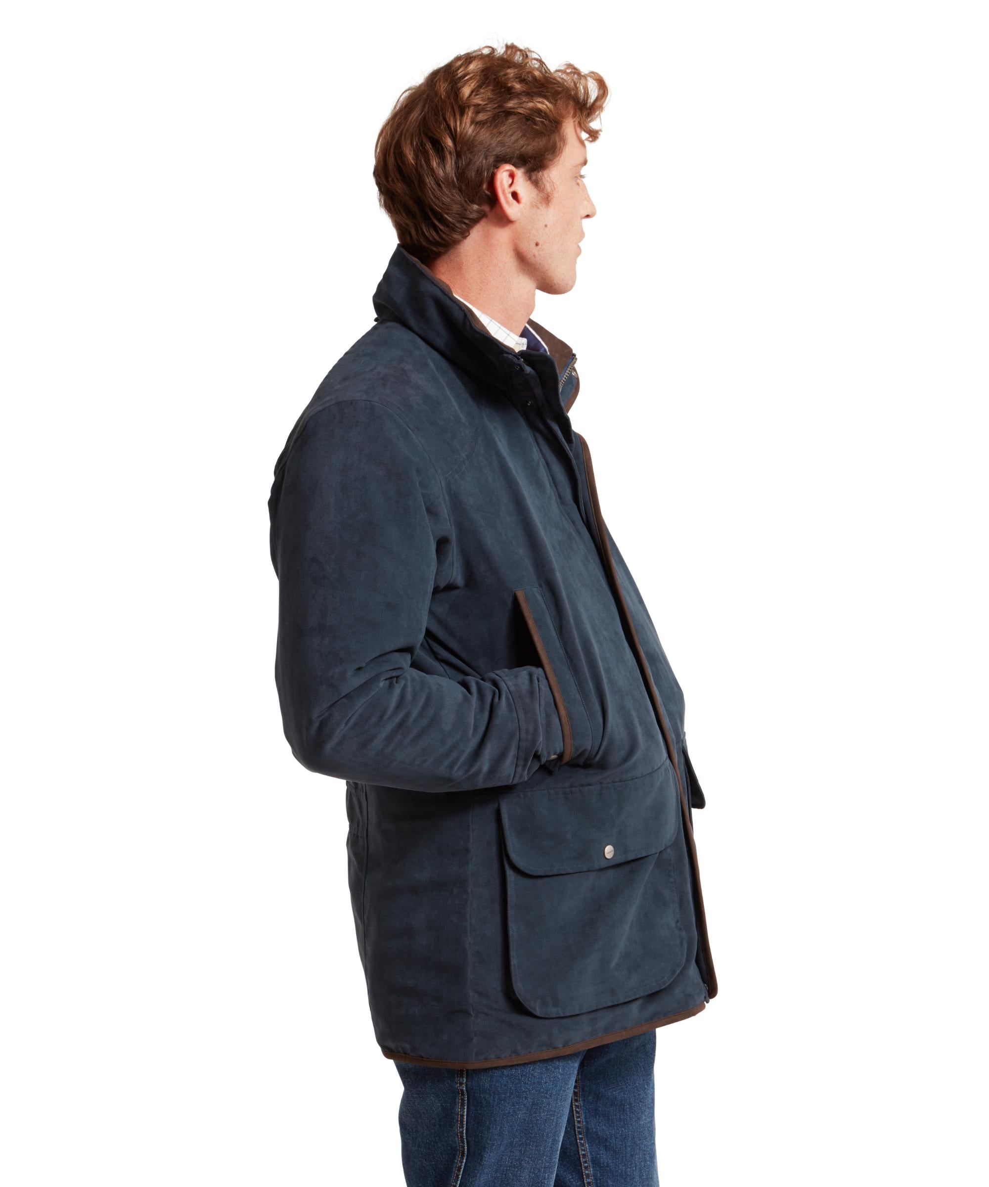 Man wearing a blue jacket on a white background