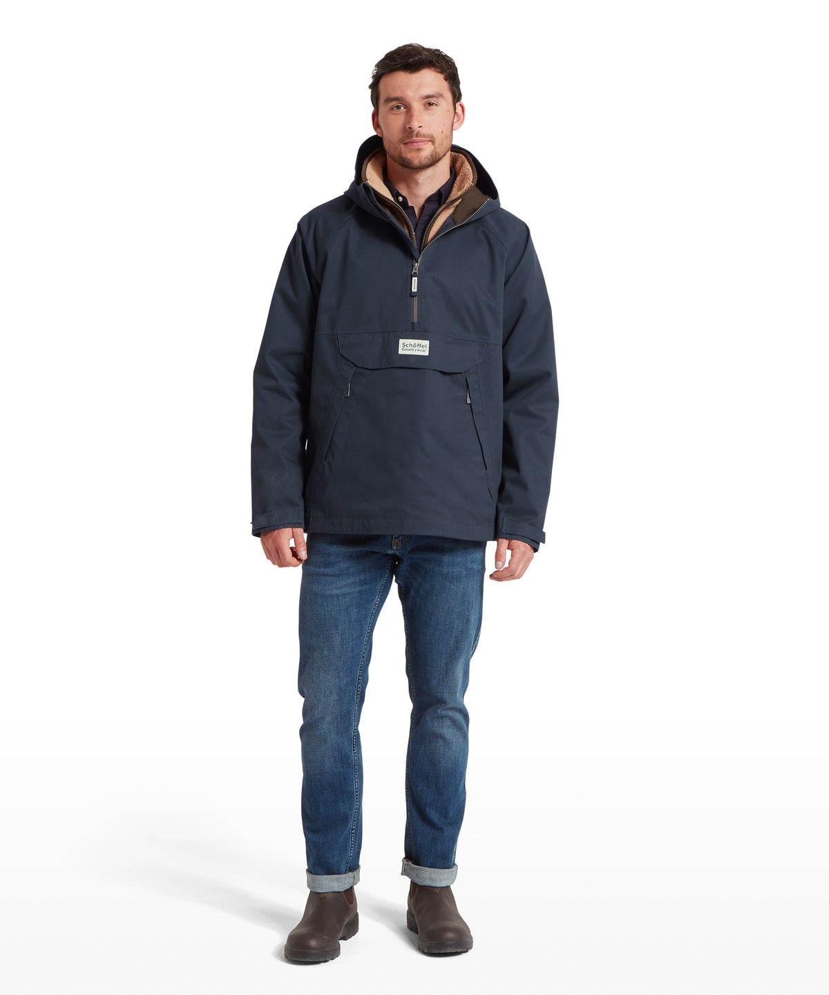 Overton Waterproof Anorak for men in Navy, from Schöffel, front pocket patch for outdoor use