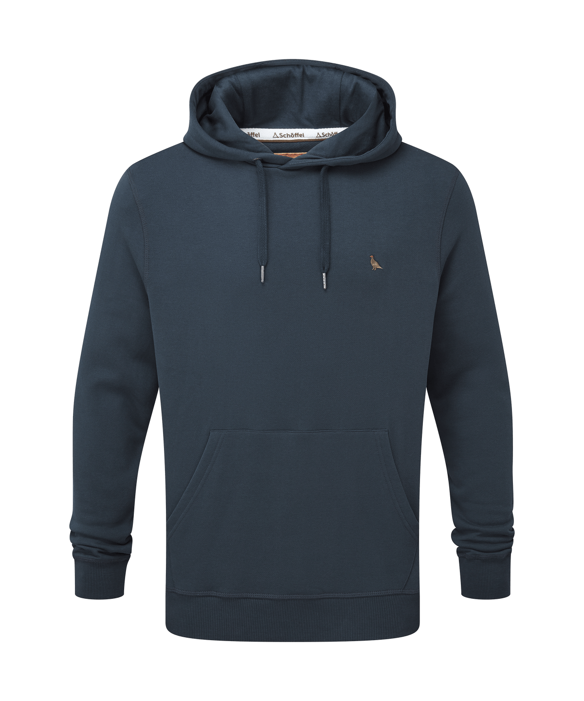 Dark blue schöffel pentire heritage hoodie with subtle embroidered bird logo and matching