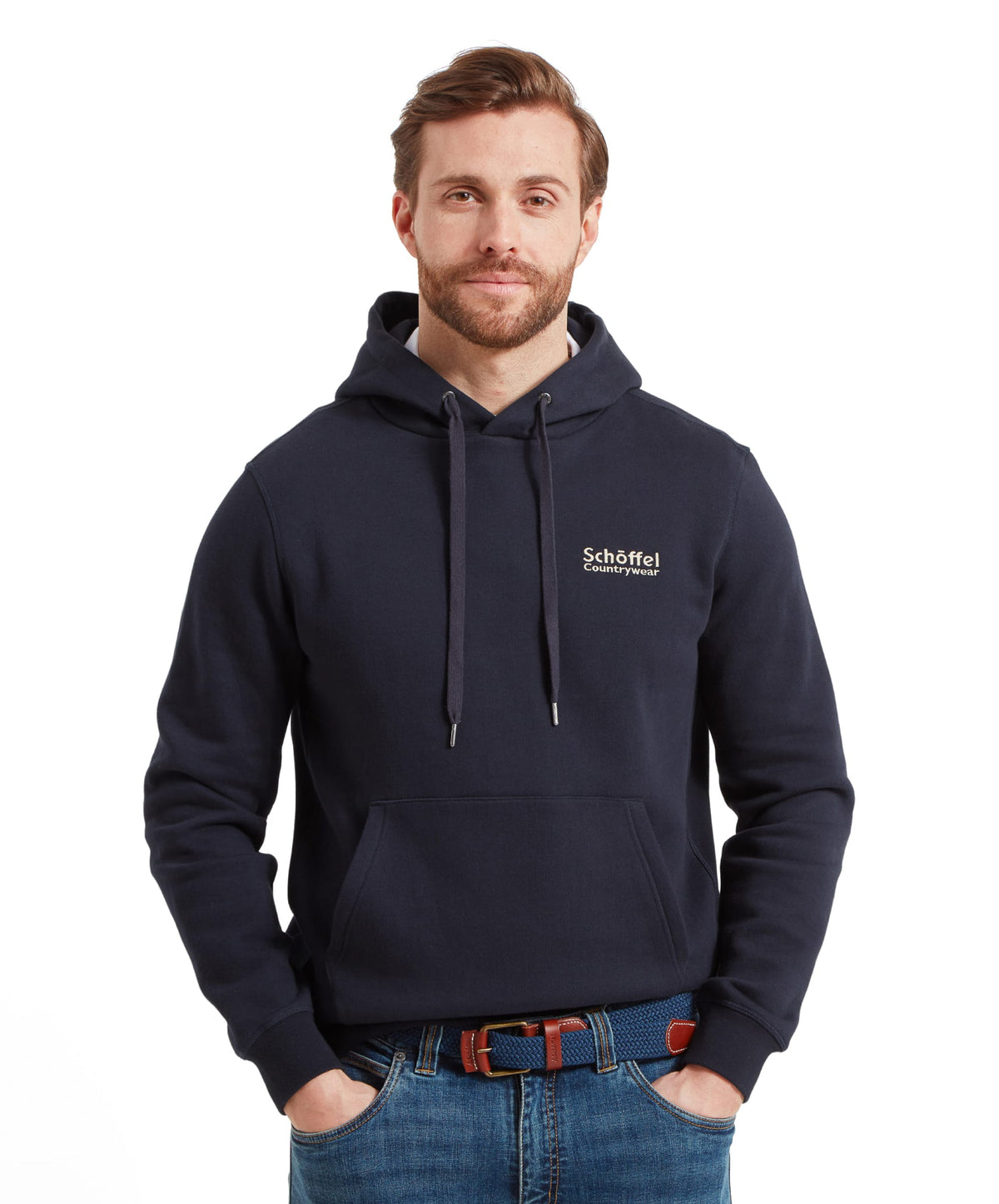 Schöffel's Pentire Heritage Hoodie in Navy, on model, matching drawstring hood front view