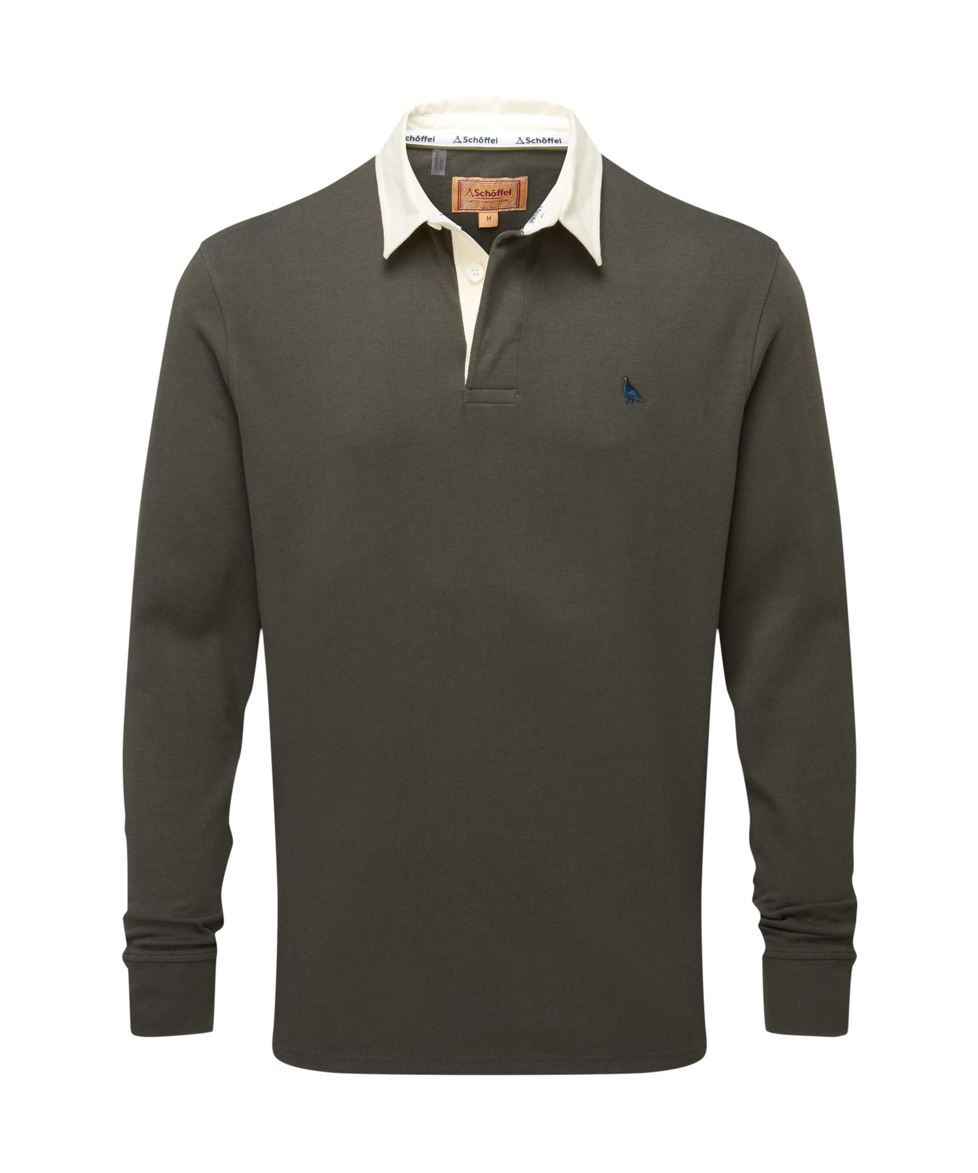 Green long-sleeve rugby shirt with white collar and blue logo on a white background