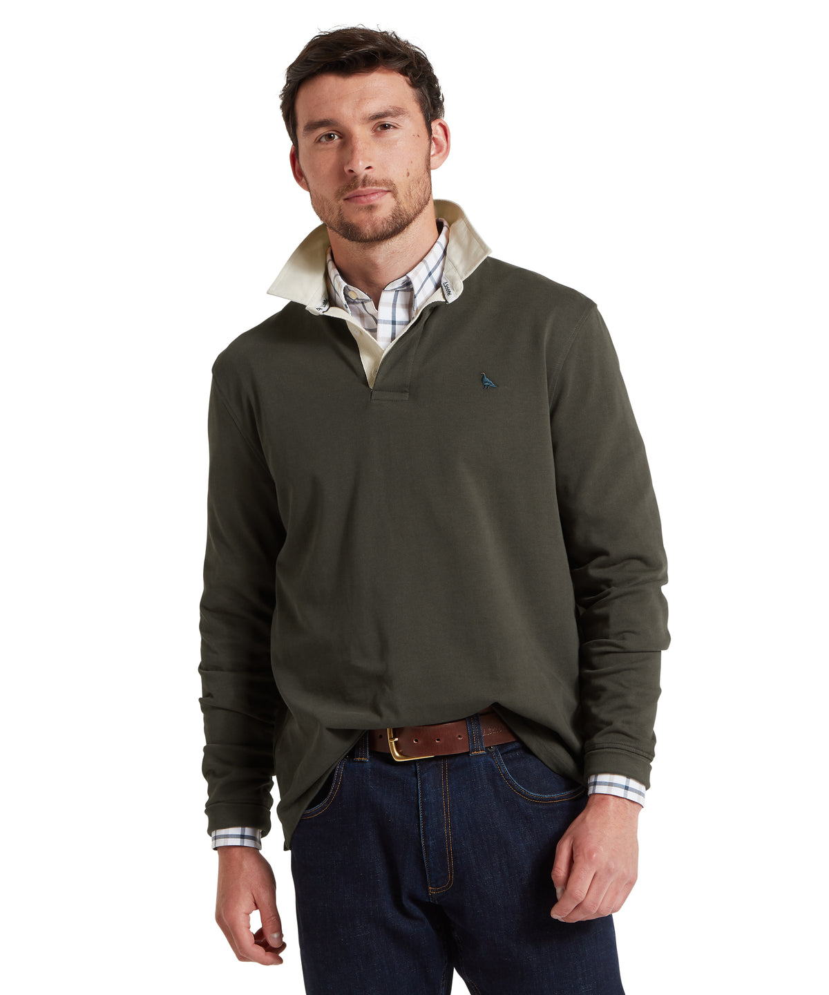 Schöffel's Porthallow Rugby Top in Green, on model, plaid inner lining