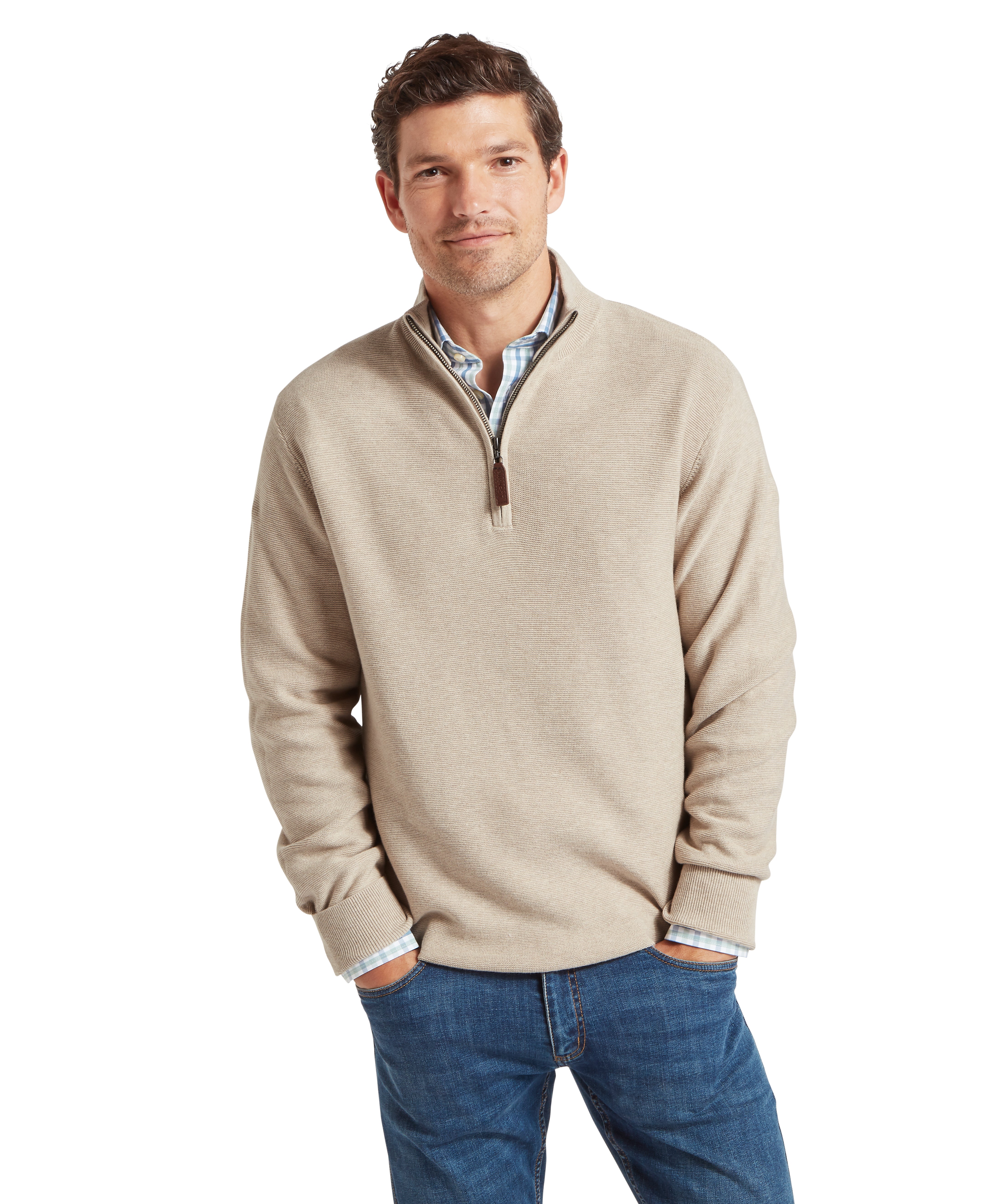 Beige textured porthleven quarter zip jumper with ribbed cuffs and hem made of soft knit fabric