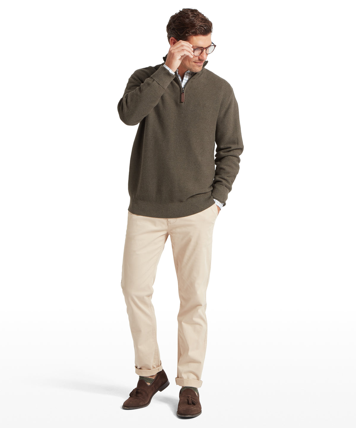 Porthleven quarter zip jumper in beetle green knit with brown zipper and ribbed cuffs in olive color