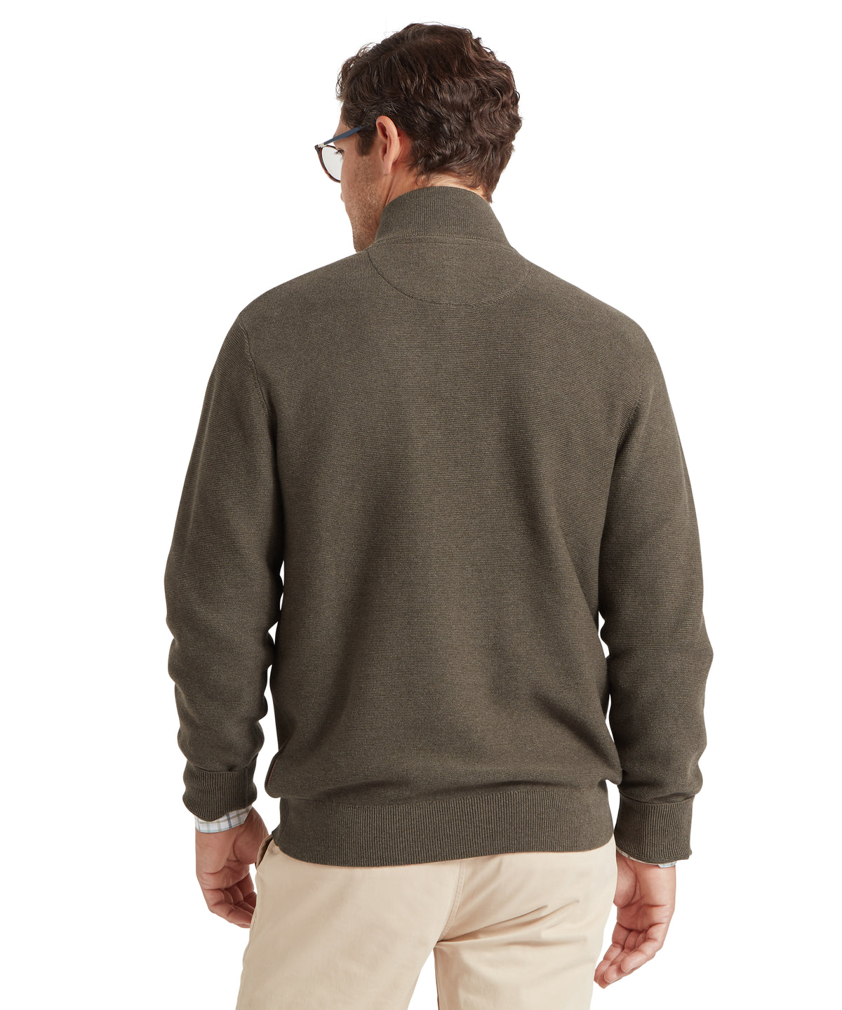 Schöffel's Porthleven 1/4 Zip Jumper in Green, on model, fine textured fabric