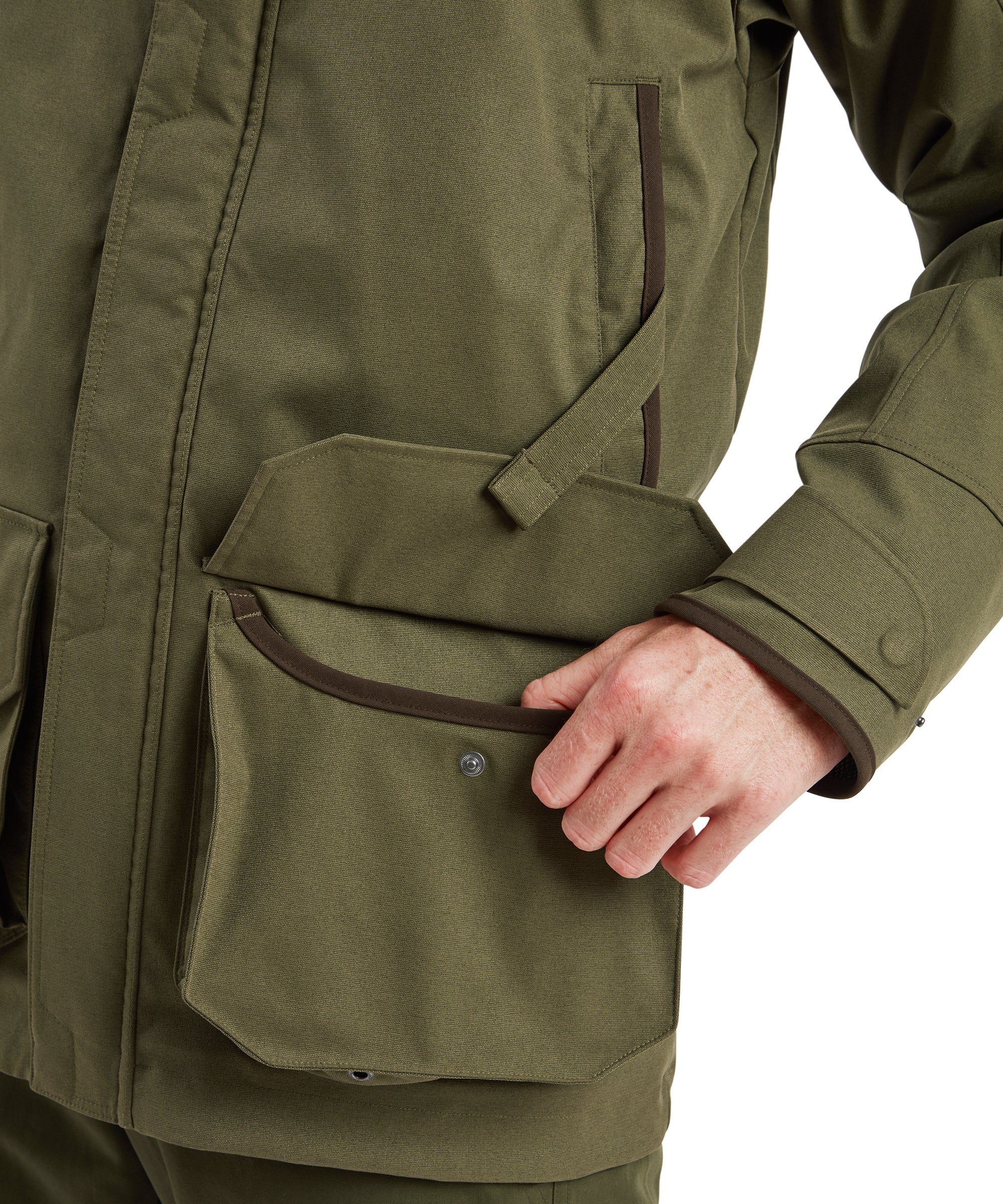 Ptarmigan Evo Coat - Moss: olive green utility jacket with brown trim, flap pockets