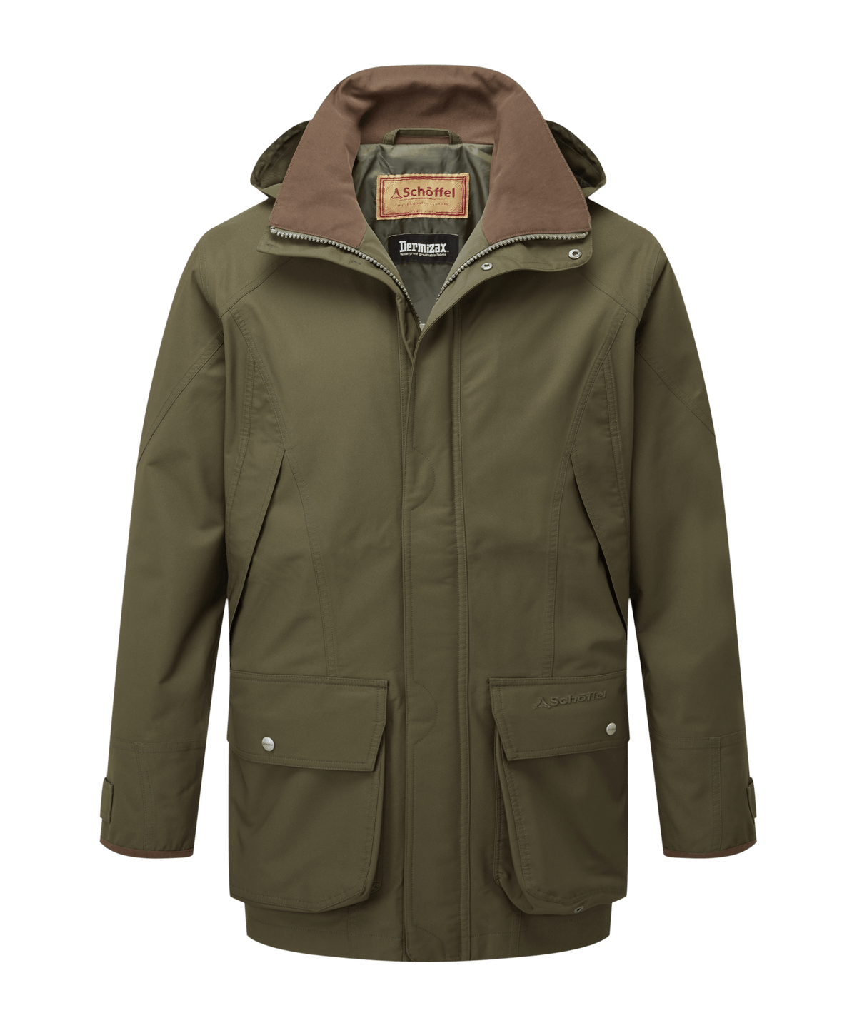 Olive green waterproof ptarmigan extreme coat with tan hood and silver button closures for woodland
