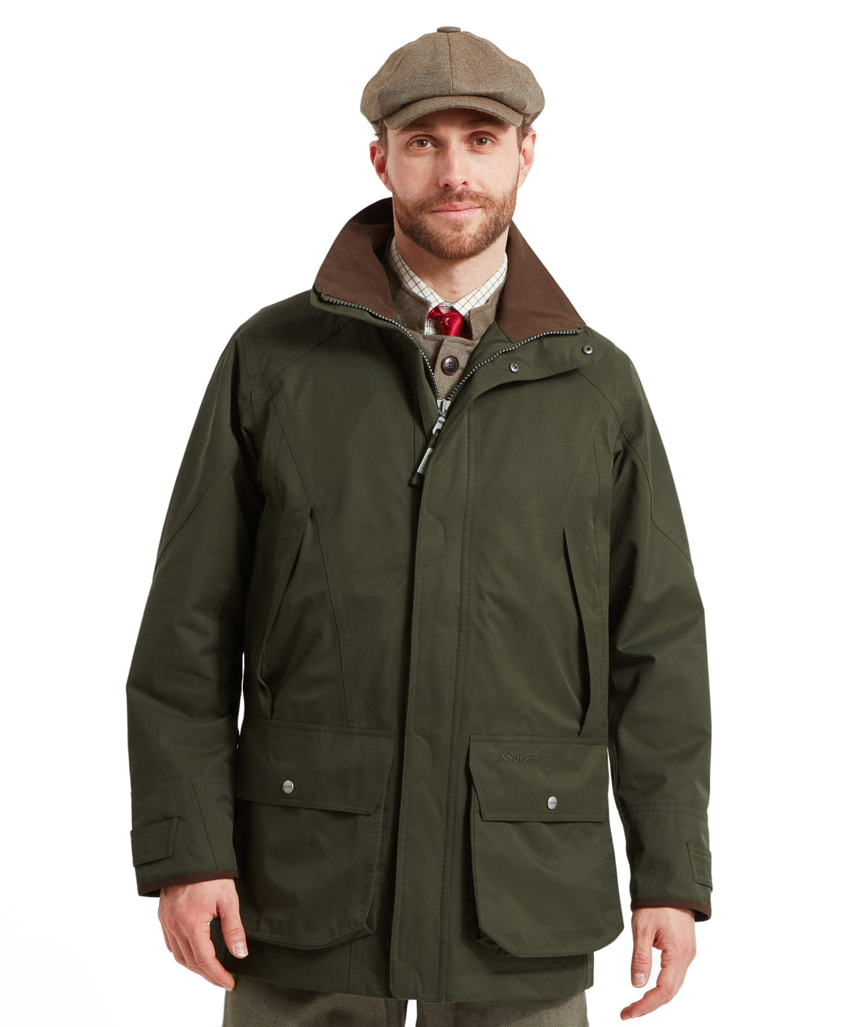 Ptarmigan Extreme Coat woodland olive green waterproof field jacket with brown collar and flap