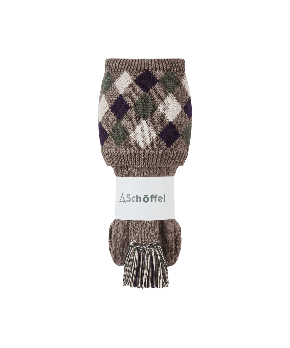 Men’s ptarmigan ii knitted argyle sock in earthy brown olive green and cream with tassel at the toe