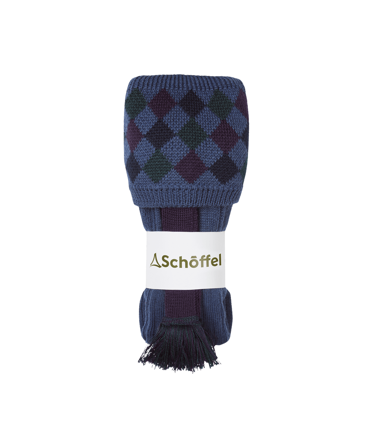 Men’s Ptarmigan II socks in force blue navy knit with maroon green diamond pattern ribbed cuff
