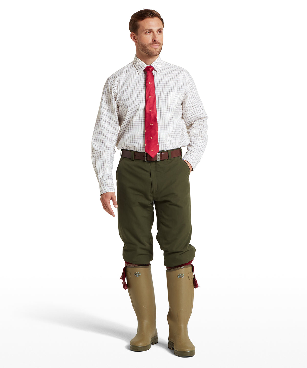 Olive green rubber wellington boots ptarmigan plus twos with red tassels at the cuffs hunter green