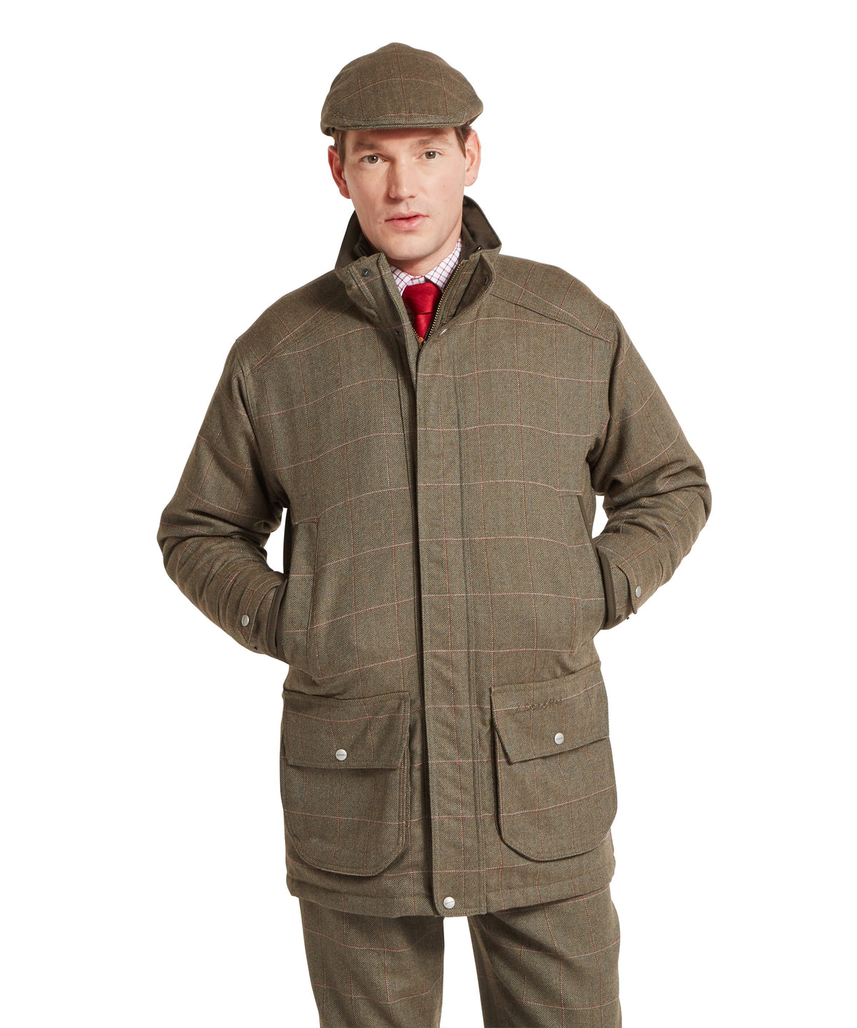 Ptarmigan tweed classic coat in olive green wool plaid with matching flat top hat for stylish warmth