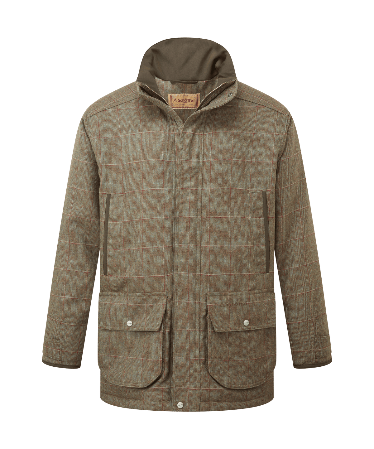 Taupe check-patterned asaoffel field jacket with hood and large front pockets from ptarmigan tweed