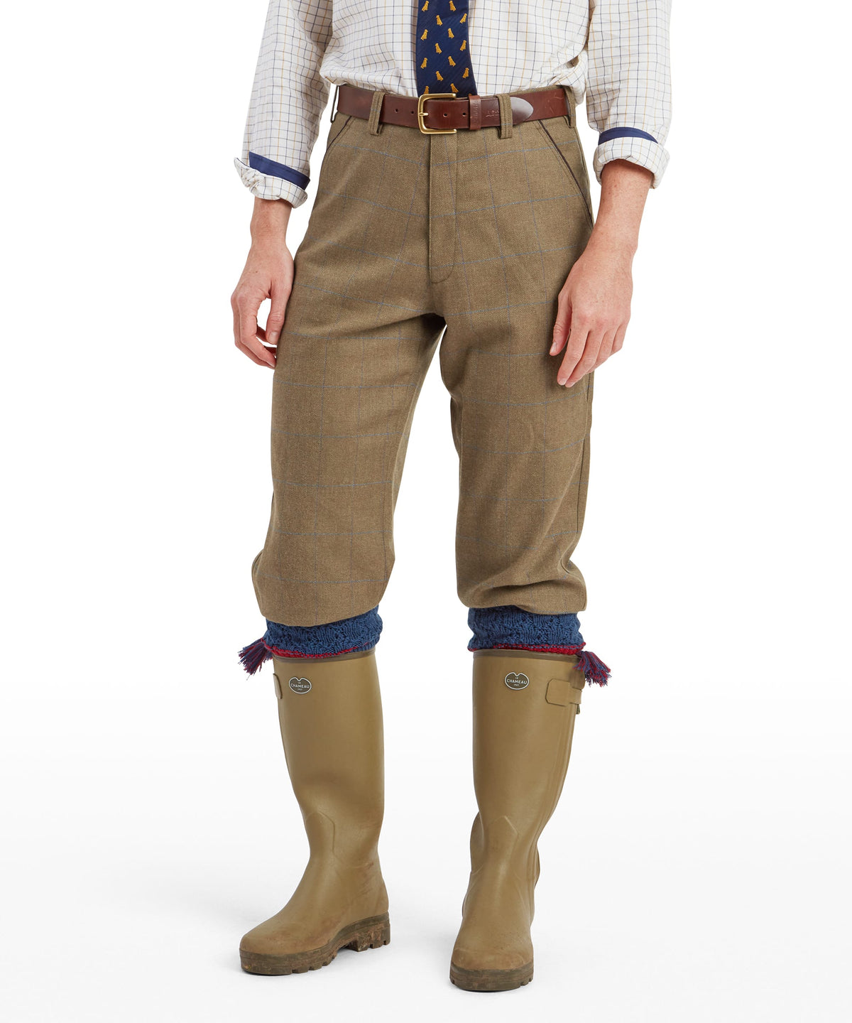 Tan rubber wellington boots with blue knitted cuffs and red tassels ptarmigan tweed plus twos corry