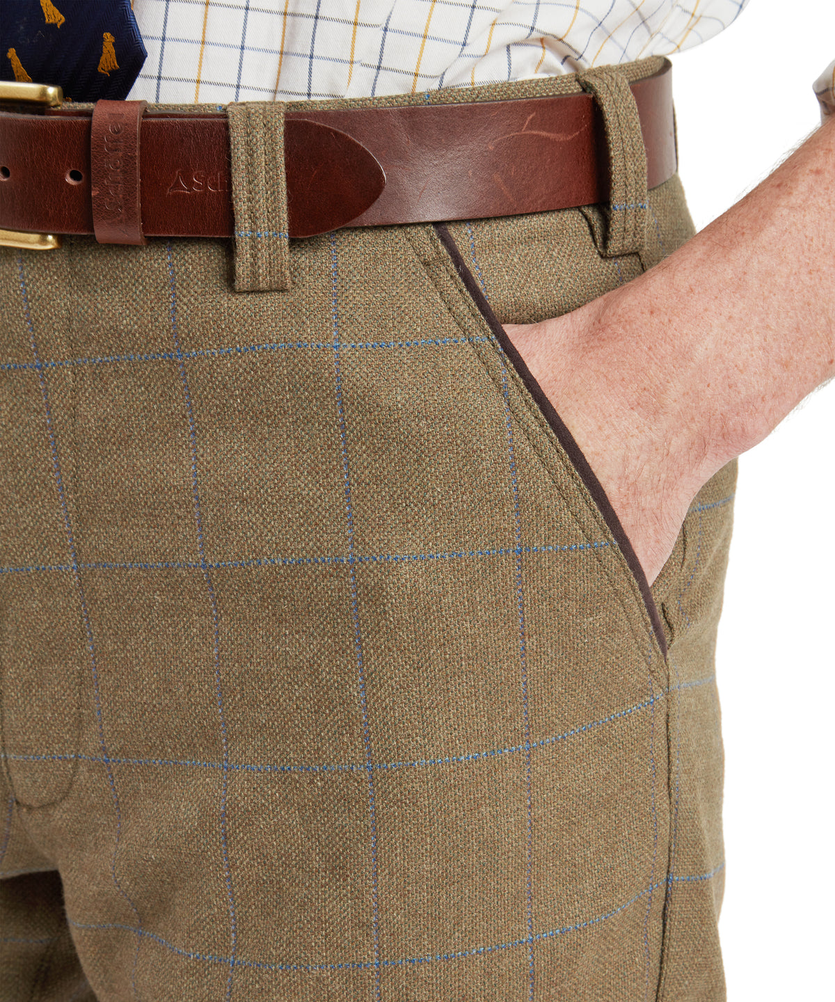 Ptarmigan tweed plus twos corry tweed brown checkered tweed trousers with subtle blue grid