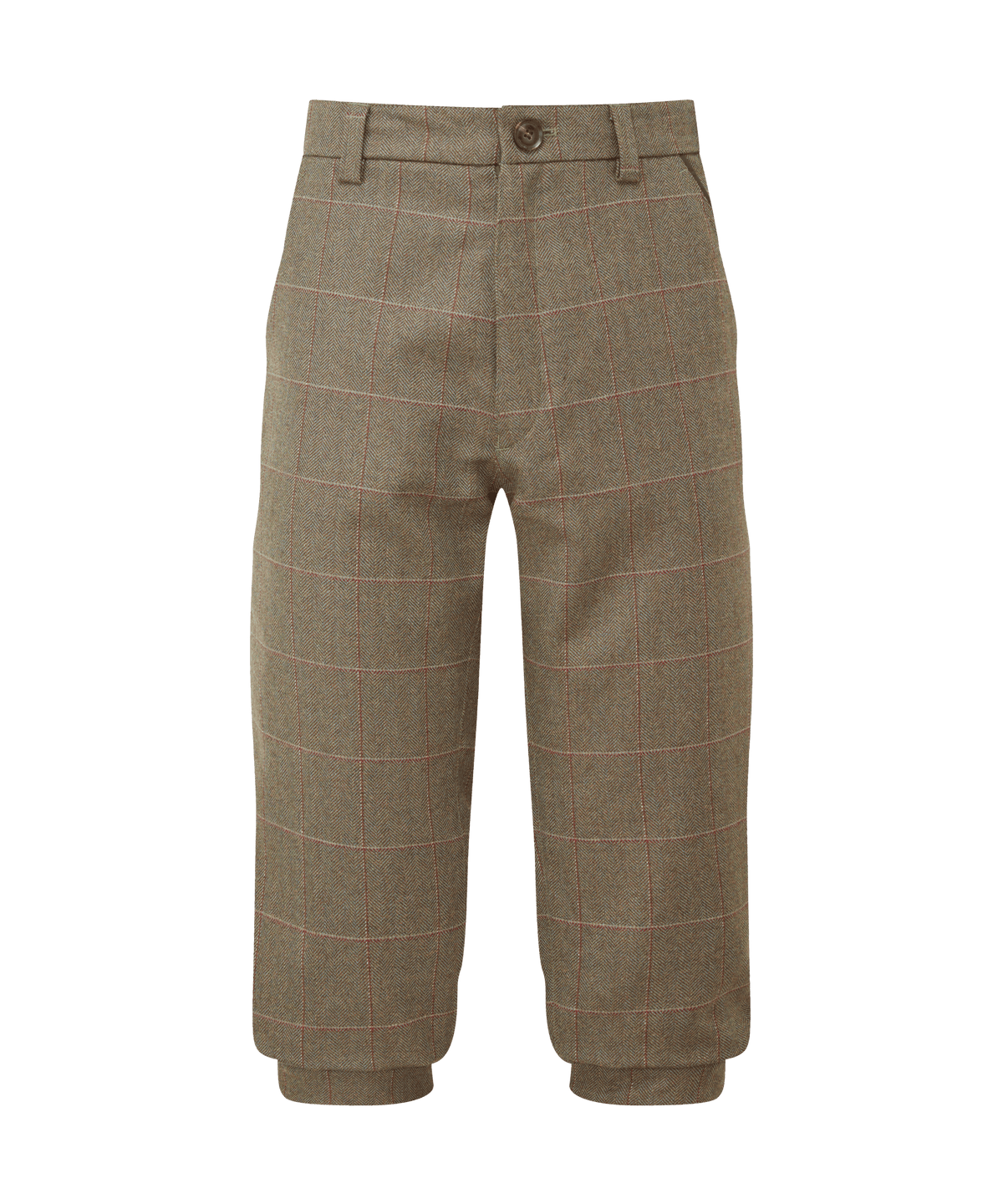 Beige tweed ptarmigan plus twos trousers with subtle check pattern and classic button closure made