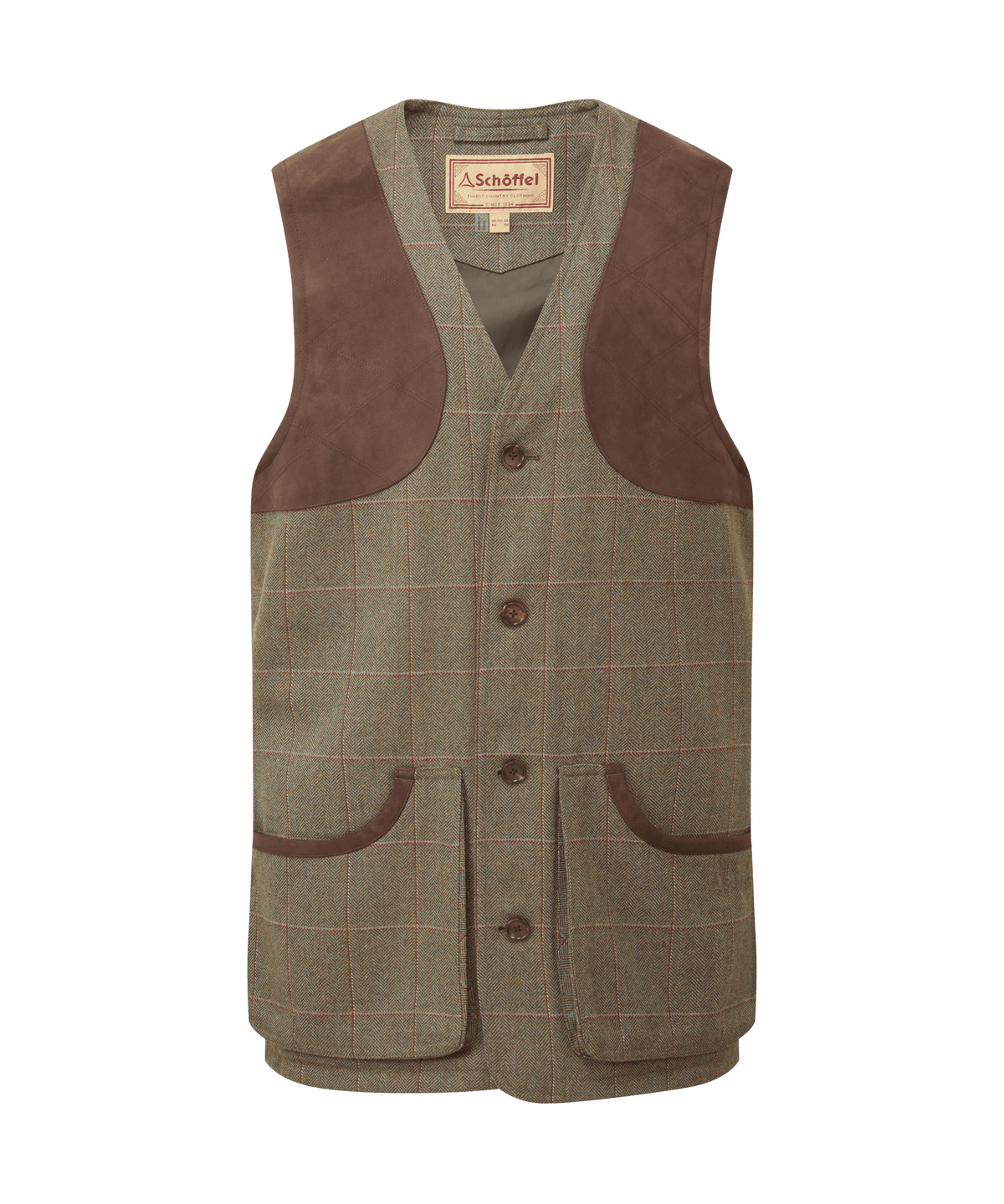 A schoffel ptarmigan tweed waistcoat ii lochlane tweed in muted green and brown check with suede
