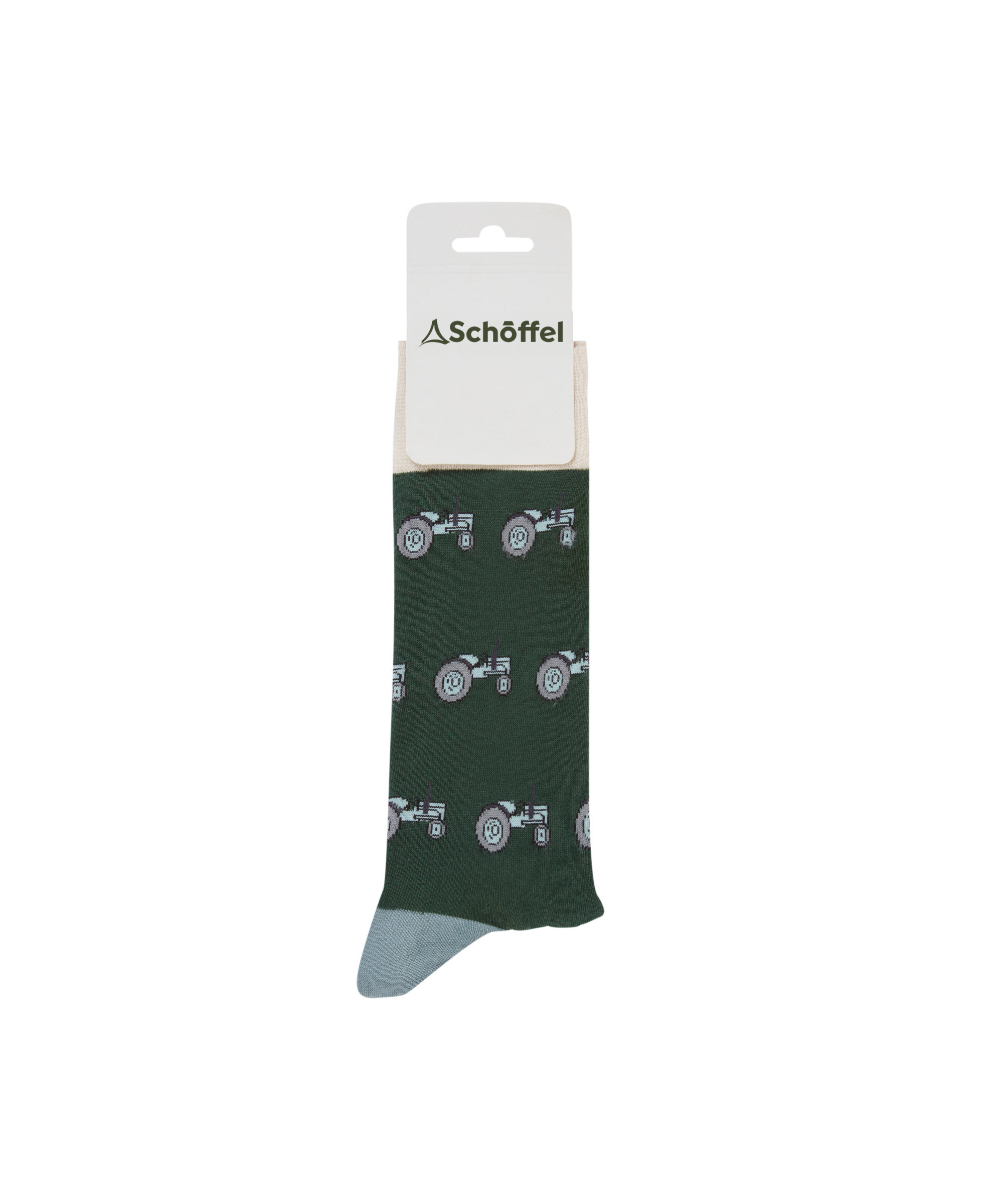 Green sock with car pattern on a white background, featuring the Schöffel brand.