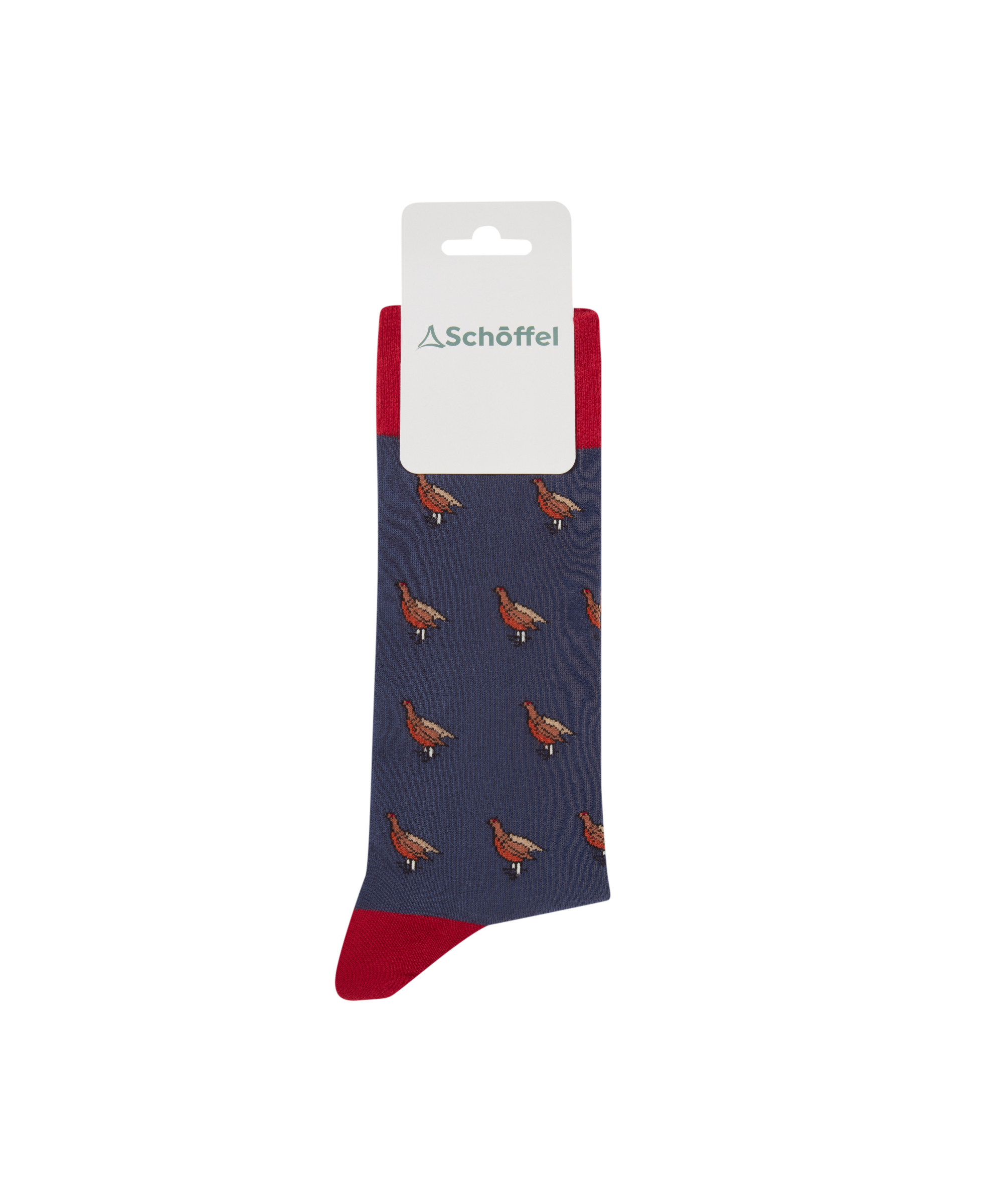 Navy sock with bird pattern and red accents on a white background