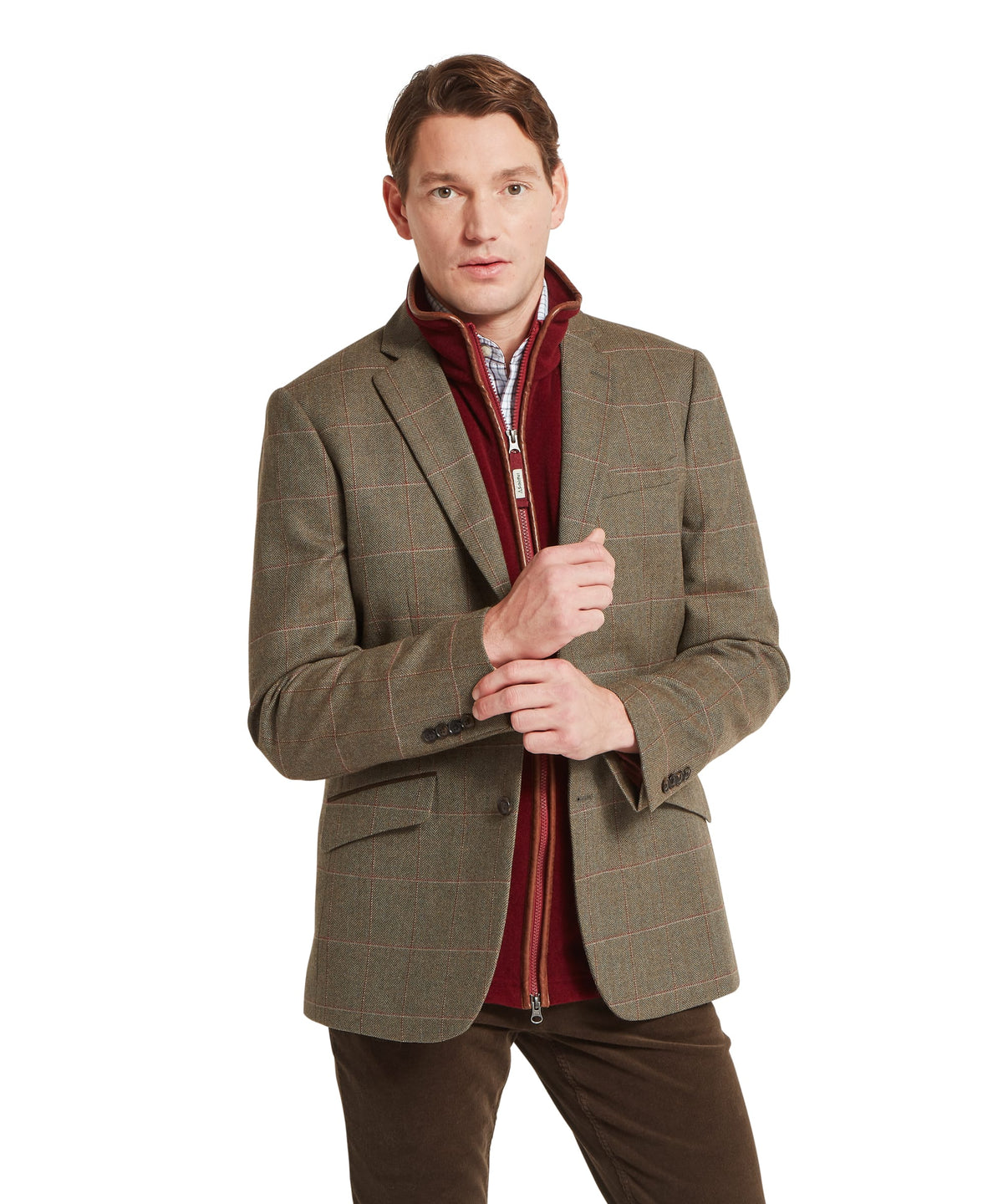 St andrews tweed sports jacket in olive green plaid wool paired with a burgundy zip jacket