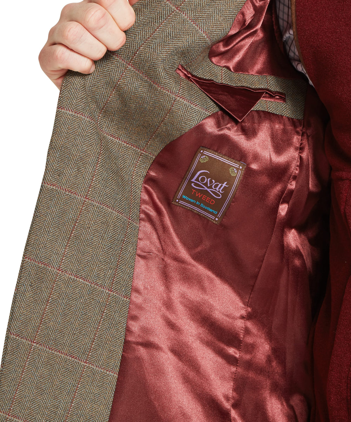 Brown herringbone tweed st andrews sports jacket with burgundy satin lining and lovat brand label