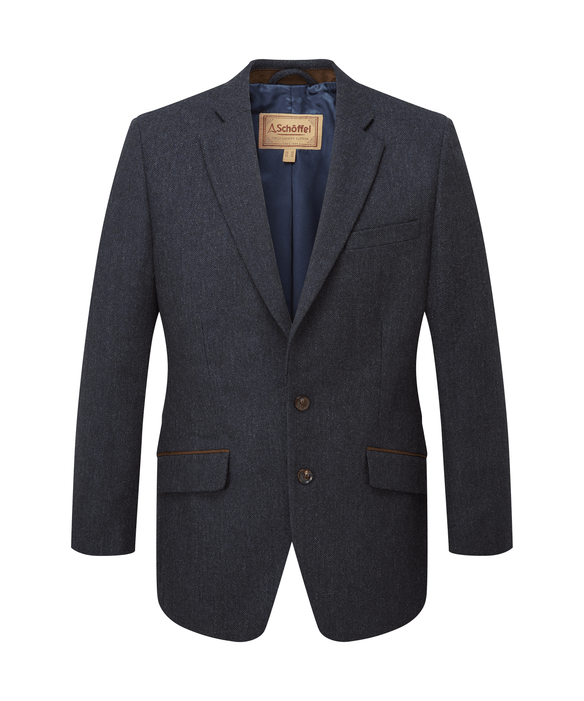 St andrews tweed sports jacket in dark navy wool with herringbone pattern and brown pocket trim