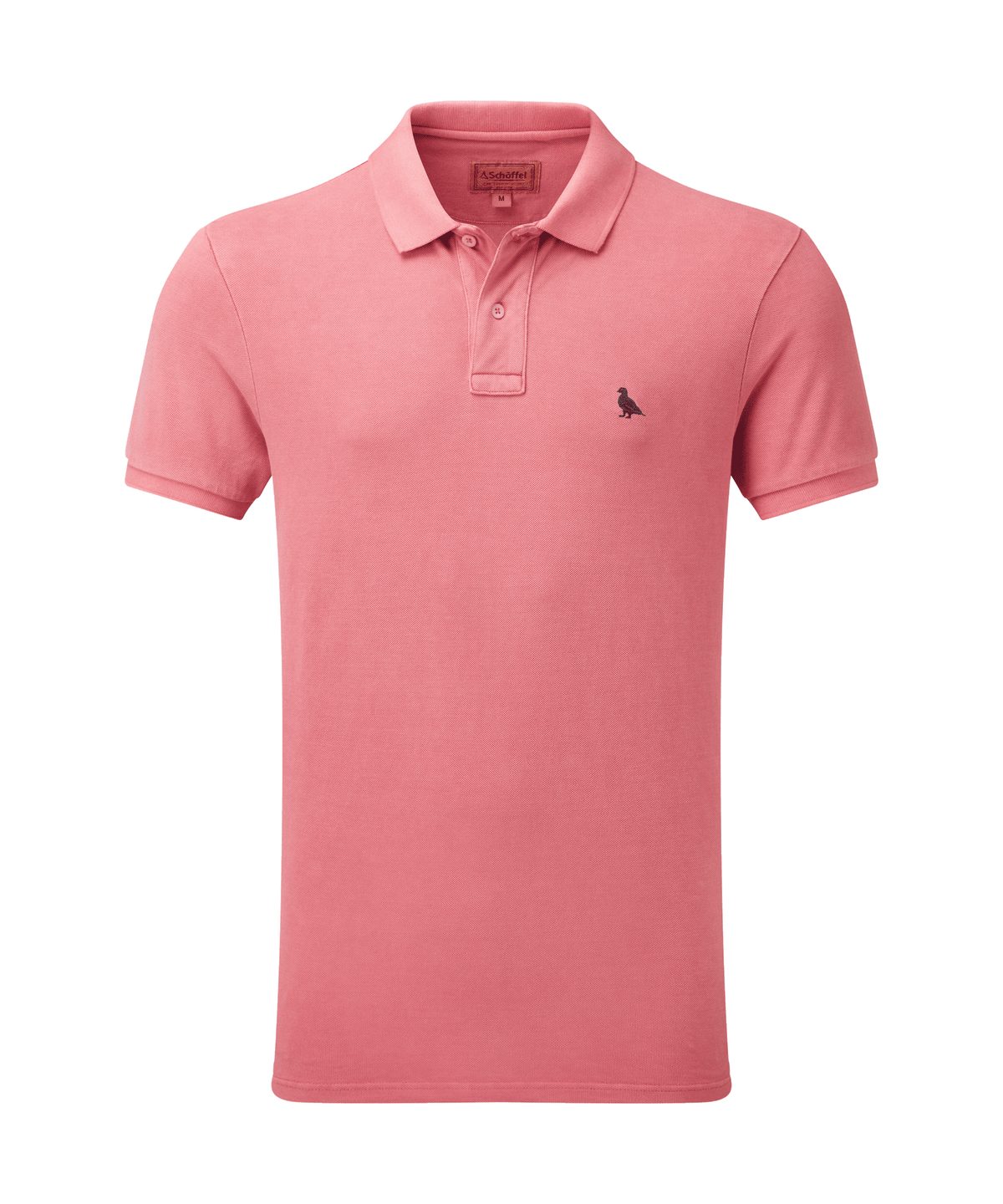 A soft pink coral st ives garment dyed polo shirt with short sleeves and a black bird emblem