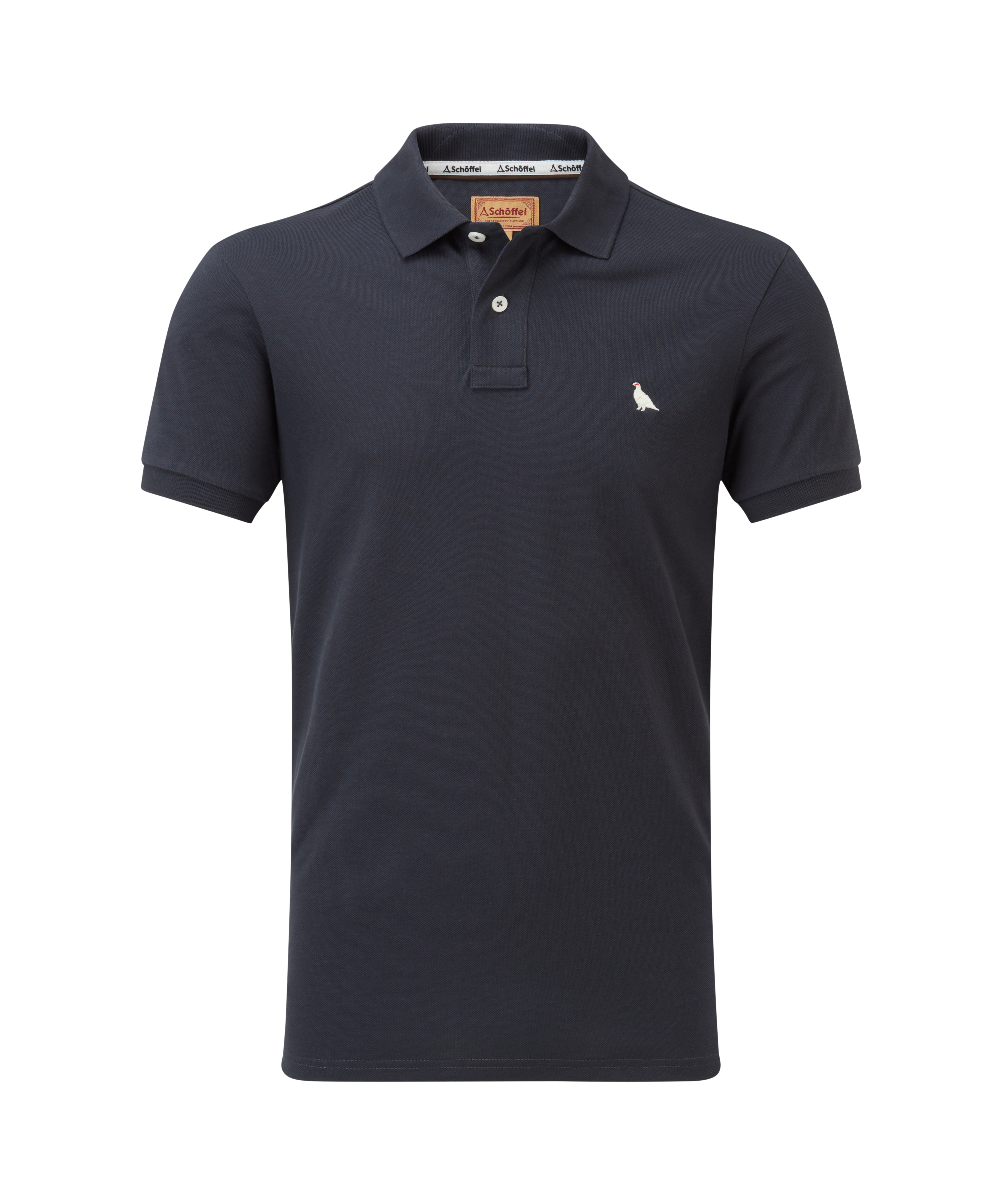 Navy blue polo shirt with a small white ptarmigan logo and white buttons on a white background