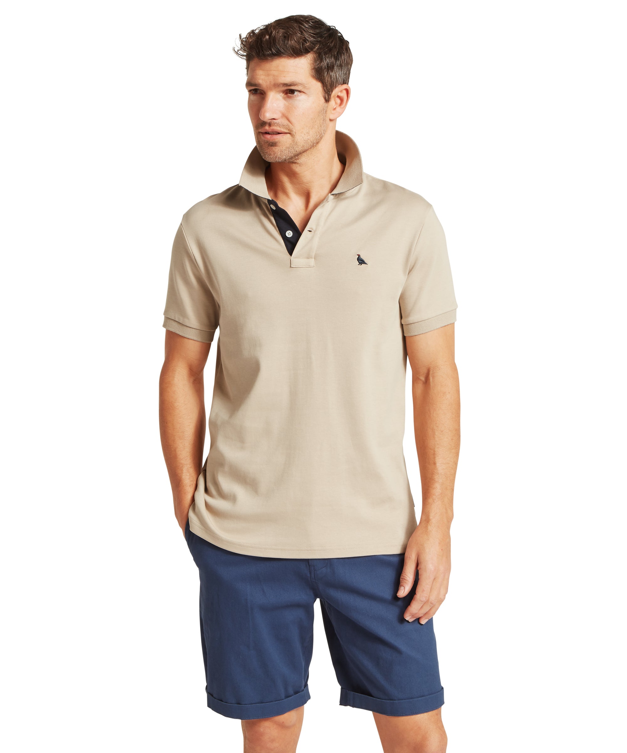 Schöffel St Ives Jersey Polo Shirt for men in Beige, small embroidered bird logo on left chest