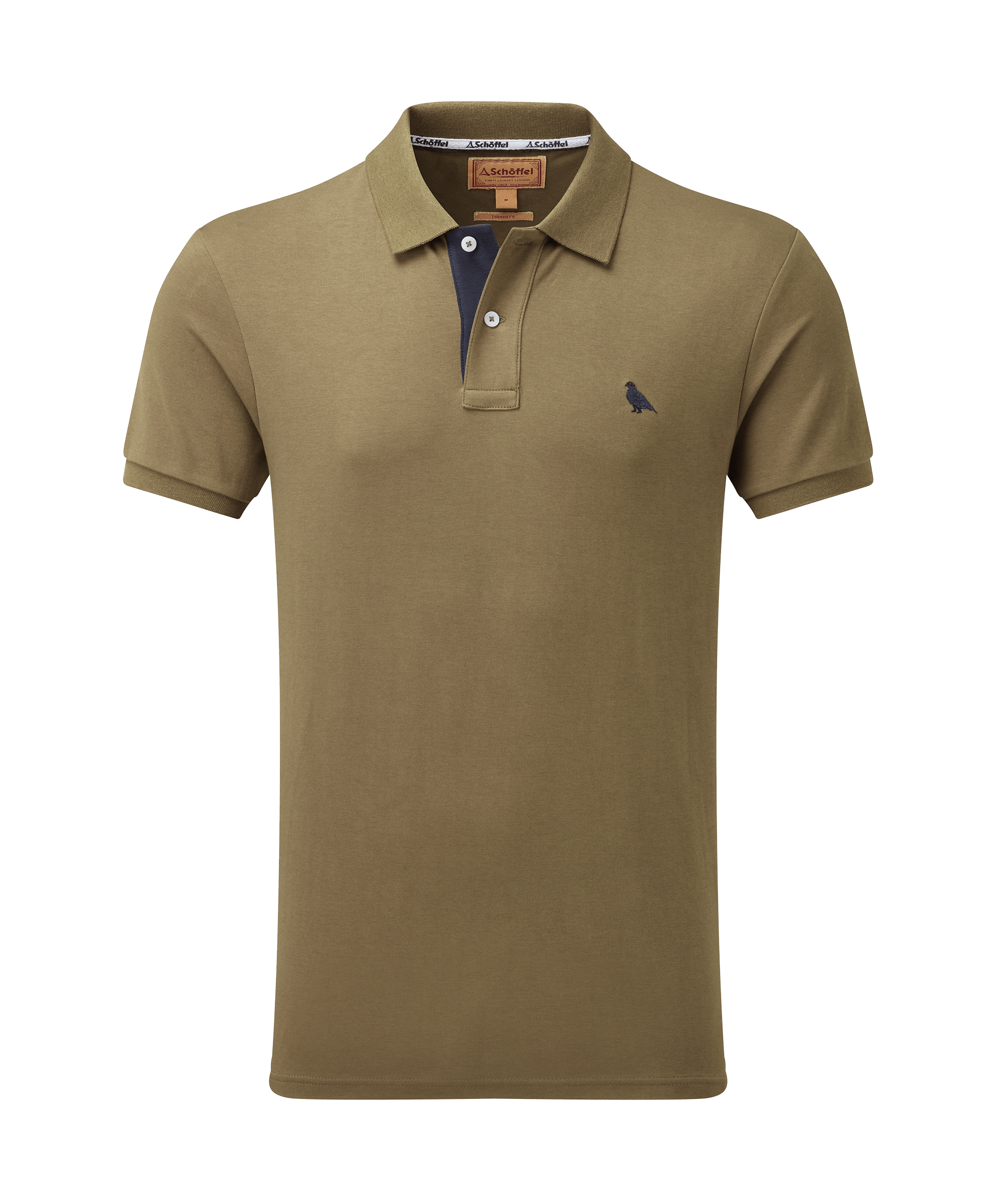 Schöffel Men's St Ives Jersey Polo Shirt in khaki green, cutout front view, tailored fit short-sleeve polo with contrast navy placket trim and embroidered grouse motif
