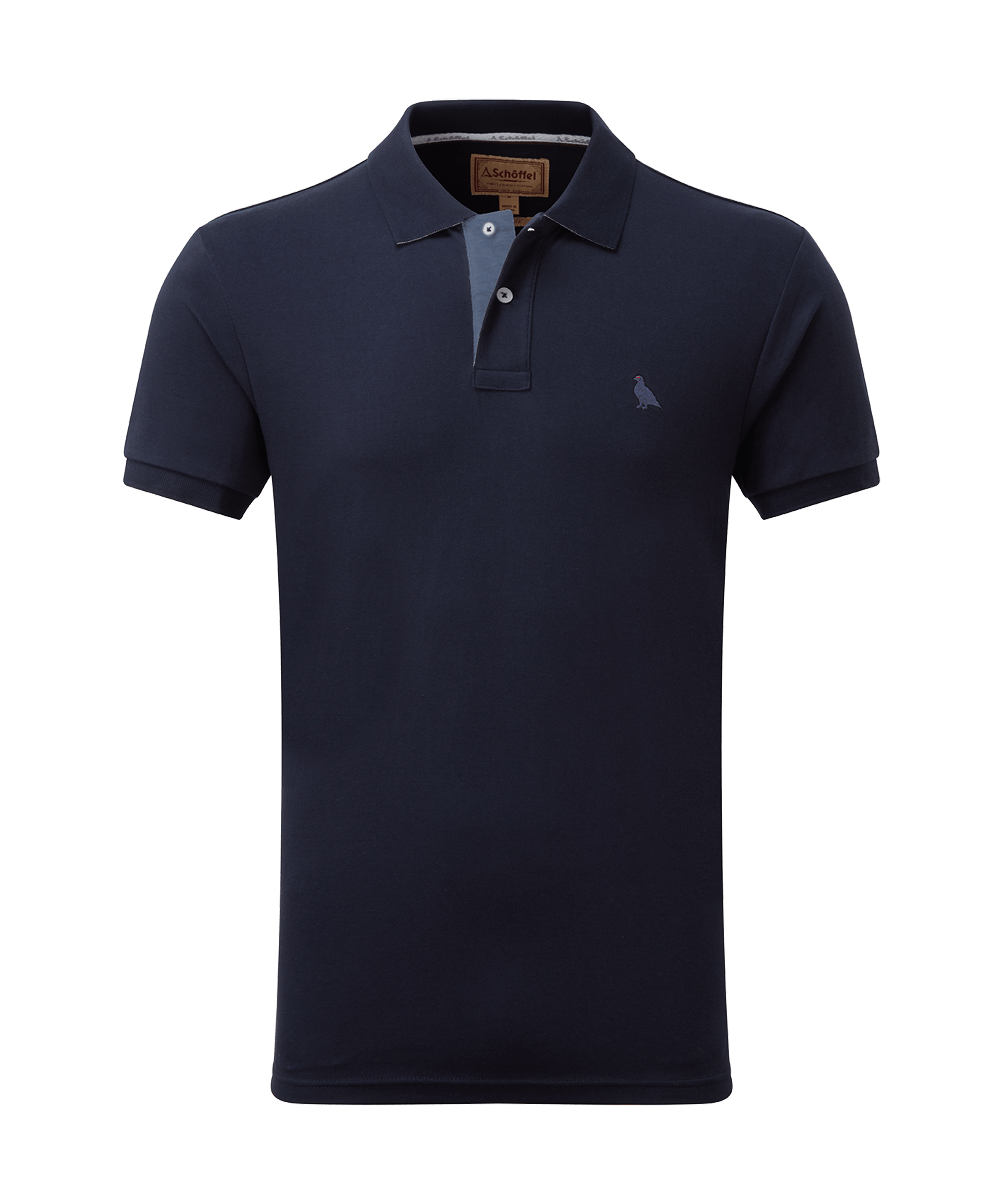 Schöffel Men's St Ives Jersey Polo Shirt in navy, cutout front view, tailored fit short-sleeve polo with contrast blue placket trim and embroidered grouse motif