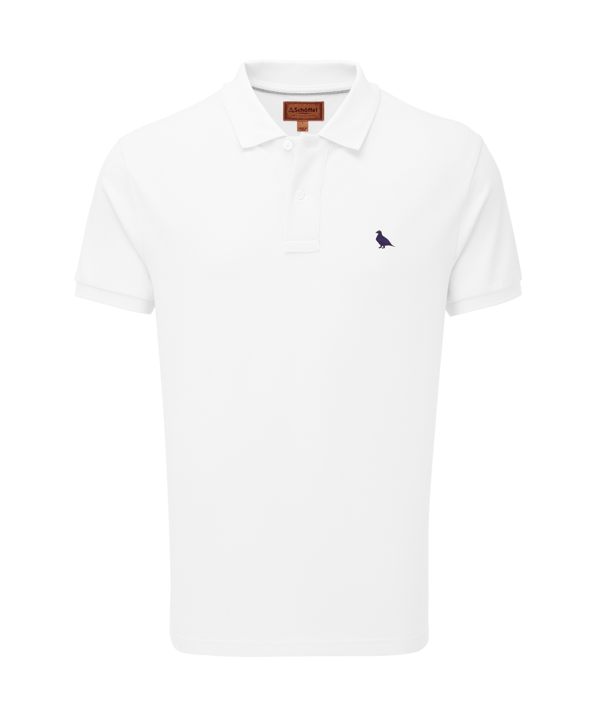 Schöffel St Ives Polo Shirt for men in White, cutout image, brown brand tag at collar