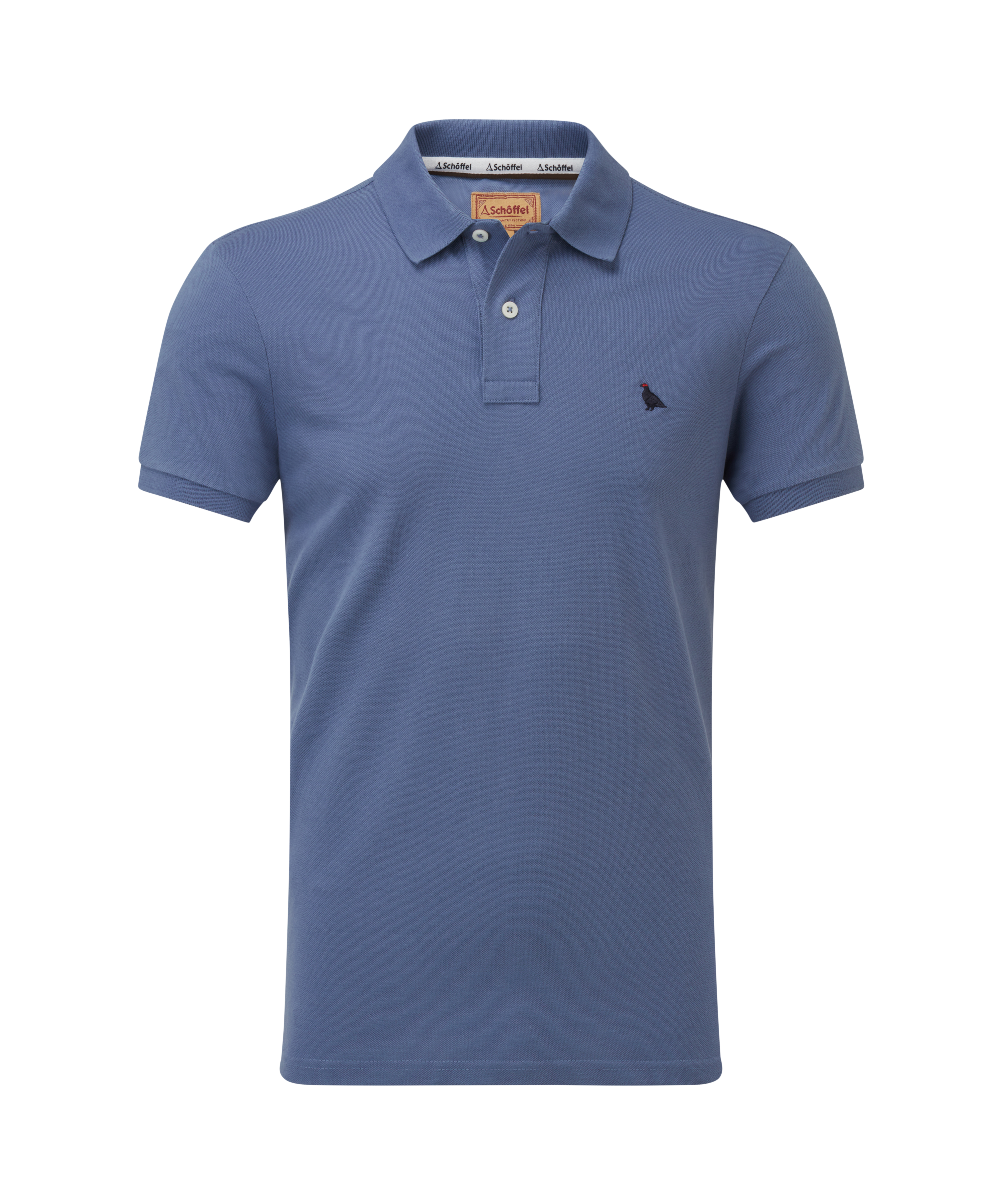 Blue polo shirt with a small navy ptarmigan logo on a white background